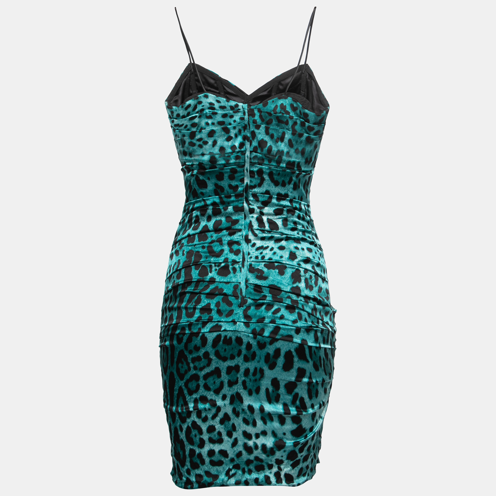 

Dolce & Gabbana Green Animal Print Silk Satin Ruched Corset Detail Strappy Mini Dress