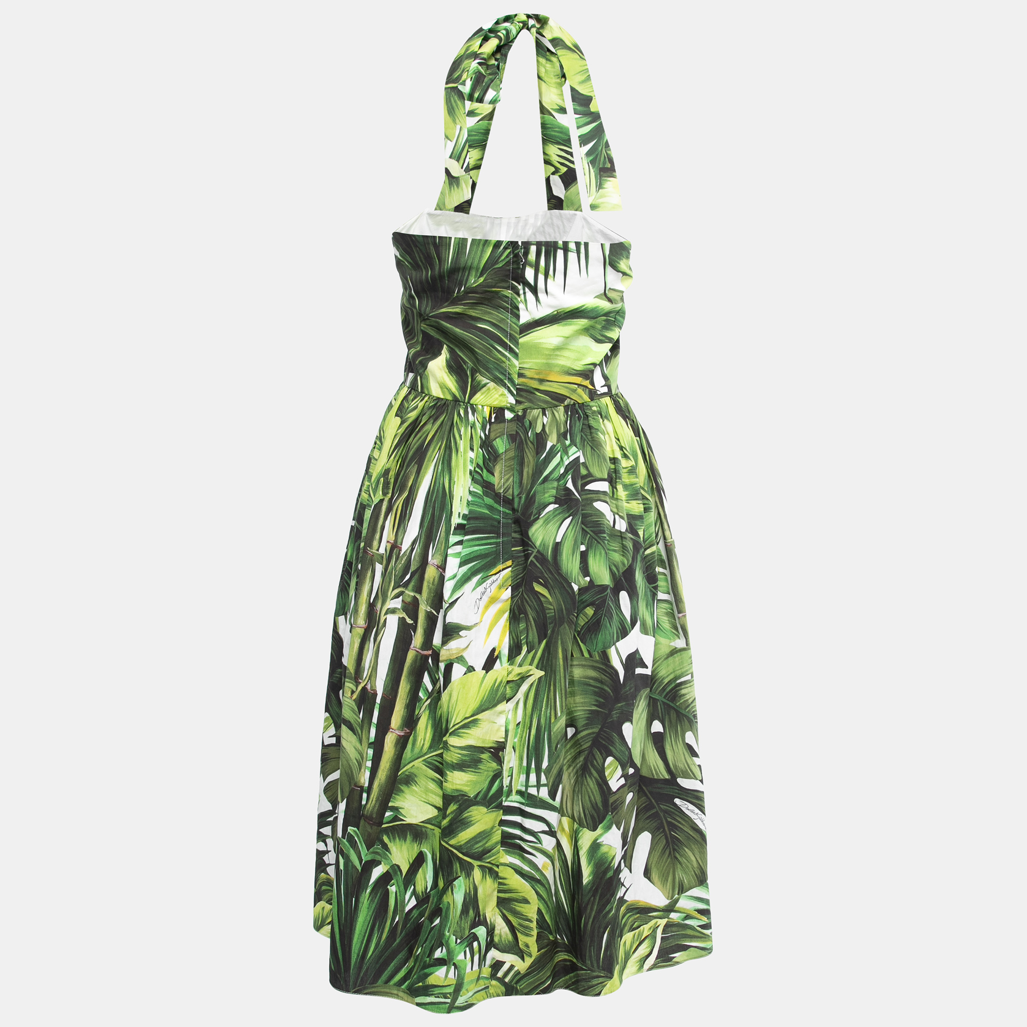 

Dolce & Gabbana Green Leaves Print Cotton Halter Neck Short Dress