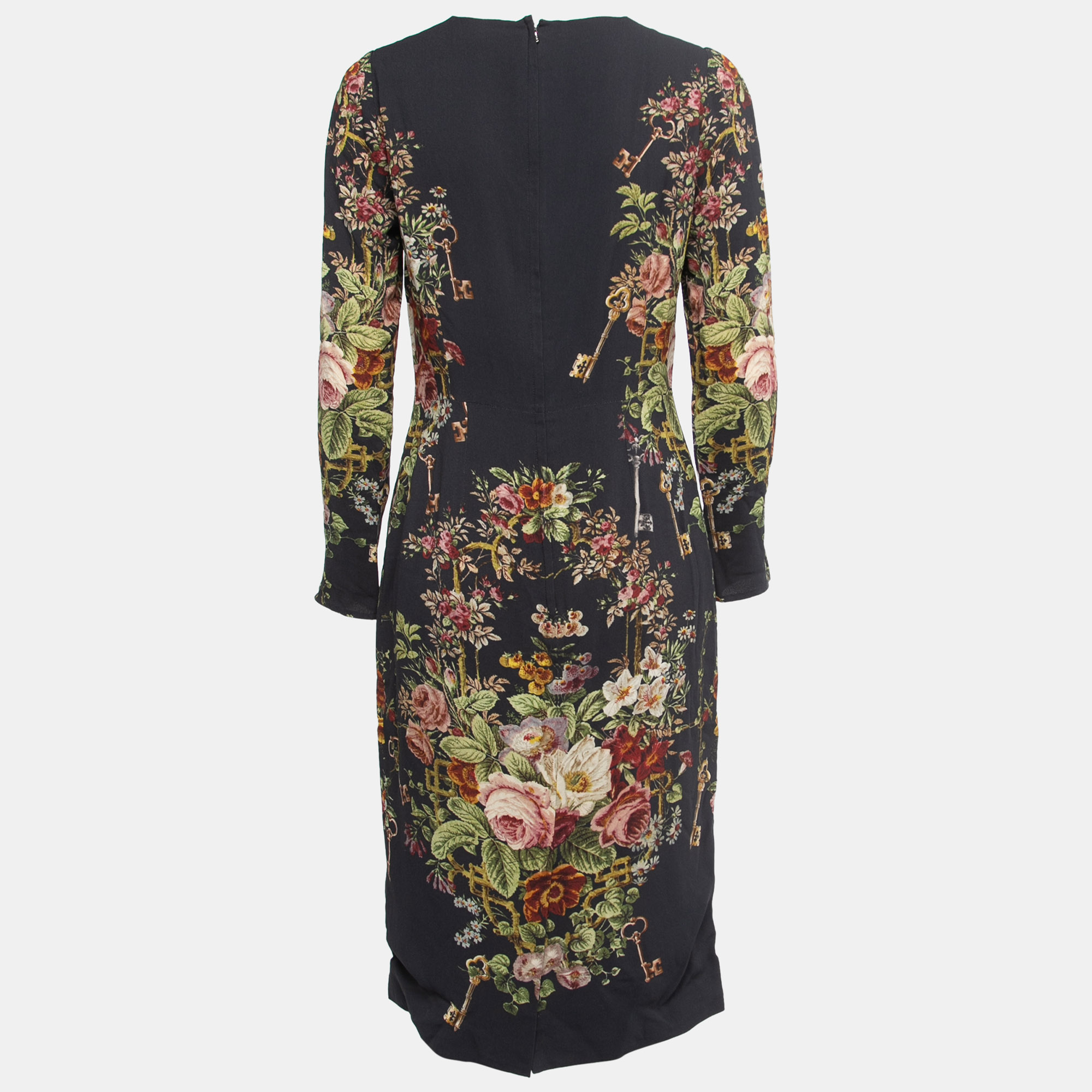 

Dolce & Gabbana Navy Blue Floral Printed Crepe Long Sleeve Midi Dress