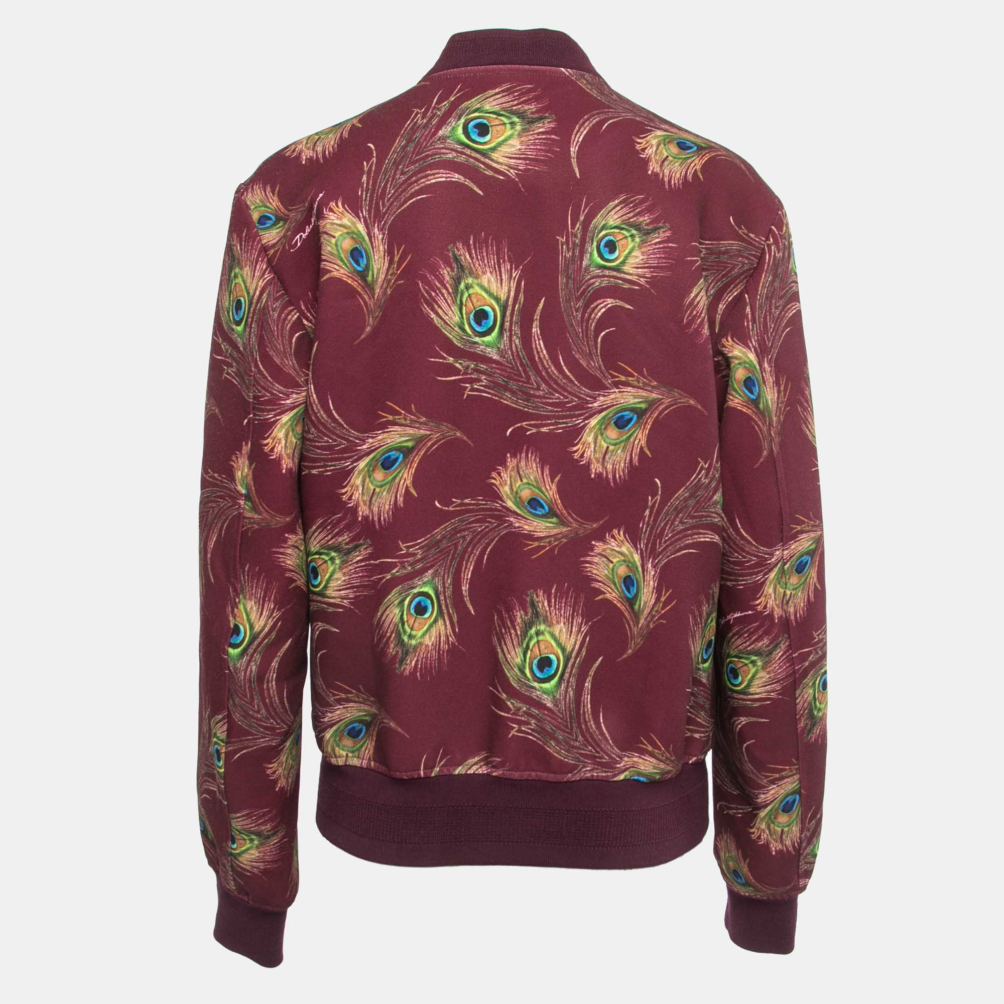 

Dolce & Gabbana Burgundy Peacock Feather Print Synthetic Zip Front Bomber Jacket
