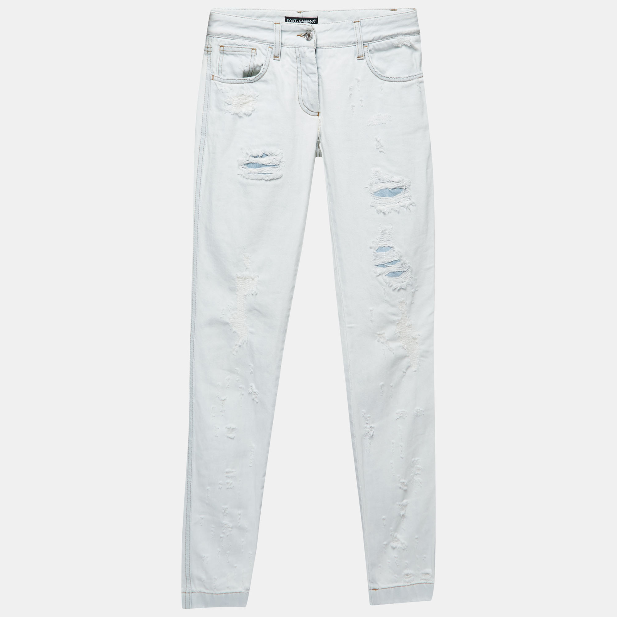 Pre-owned Dolce & Gabbana Light Blue Distressed Denim Frayed Skinny Jeans S