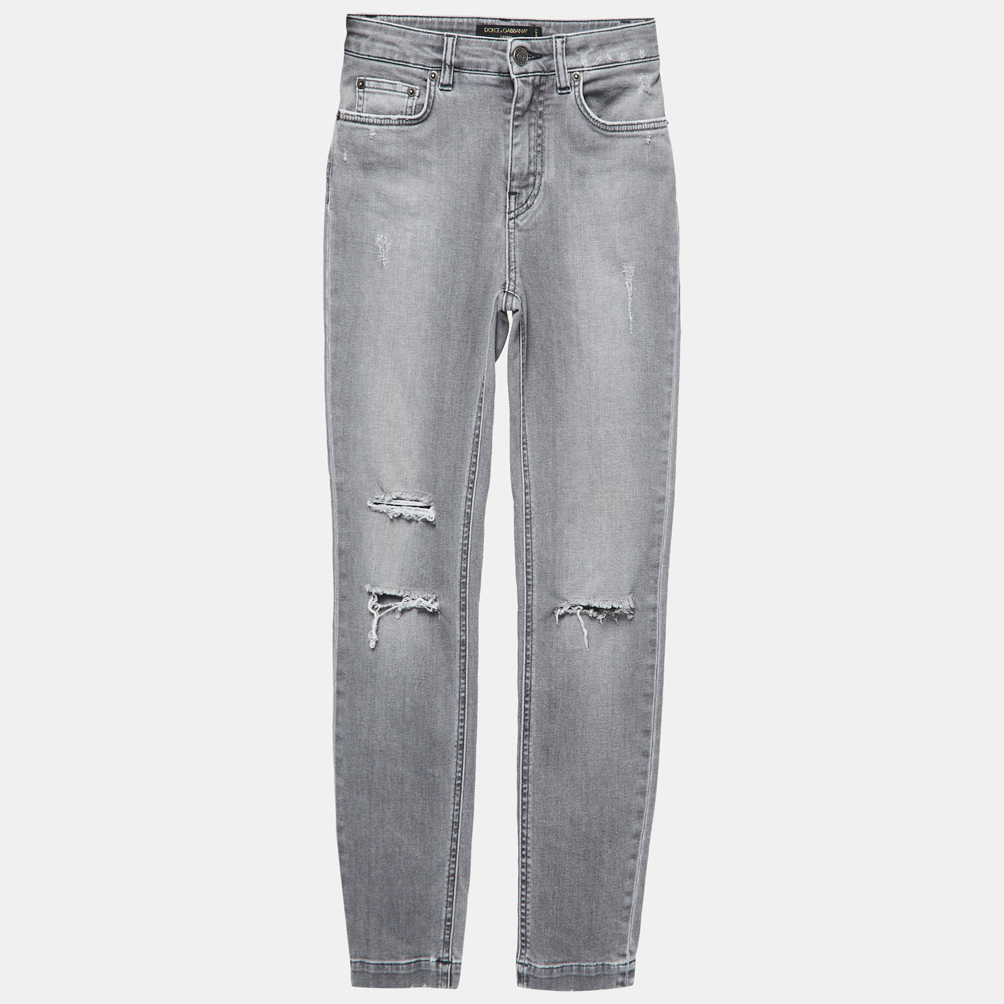Pre-owned Dolce & Gabbana Light Grey Distressed Denim Frayed Skinny Jeans Xs