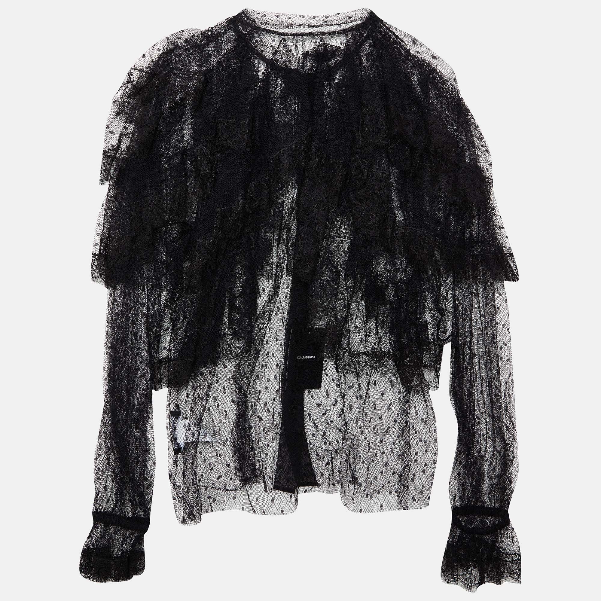 

Dolce & Gabbana Black Mesh D'esprit Ruffled Sheer Shirt