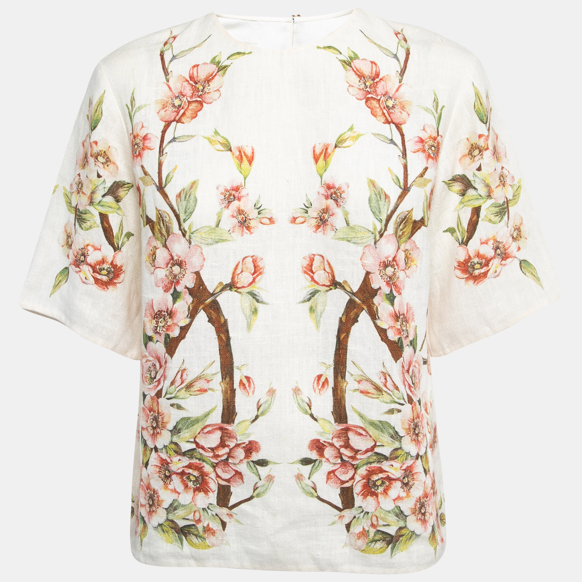 

Dolce & Gabbana Cream Floral Printed Linen Short Sleeve Top