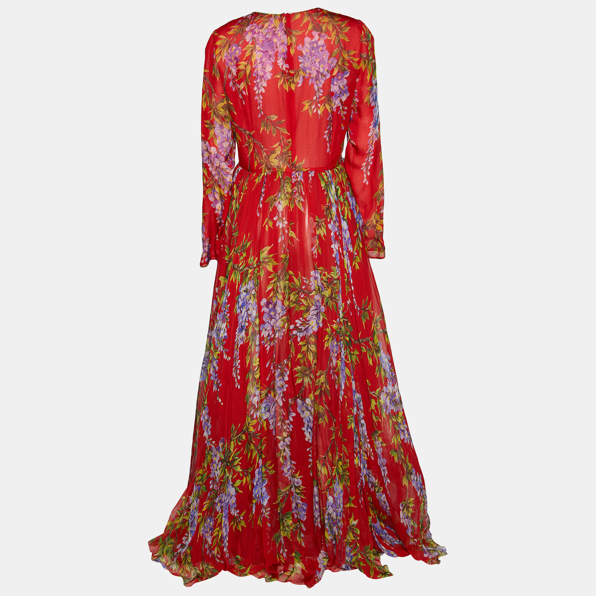 

Dolce & Gabbana Red Floral Printed Silk Long Sleeve Maxi Dress