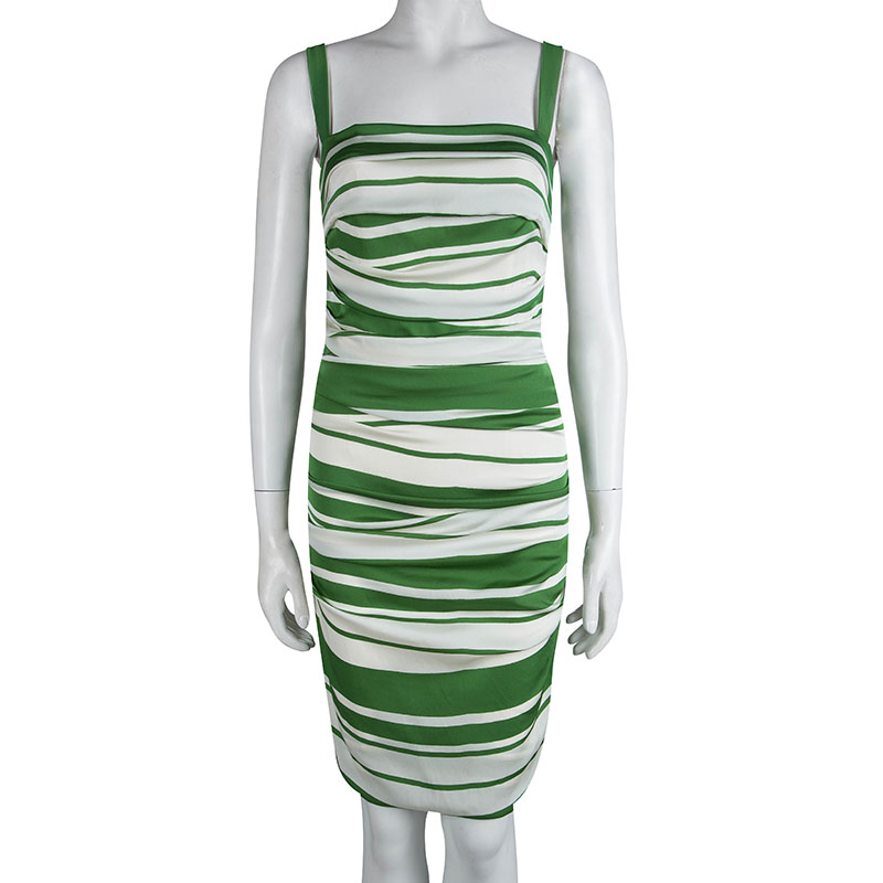 

Dolce & Gabbana Green and White Striped Silk Ruched Sleeveless Dress