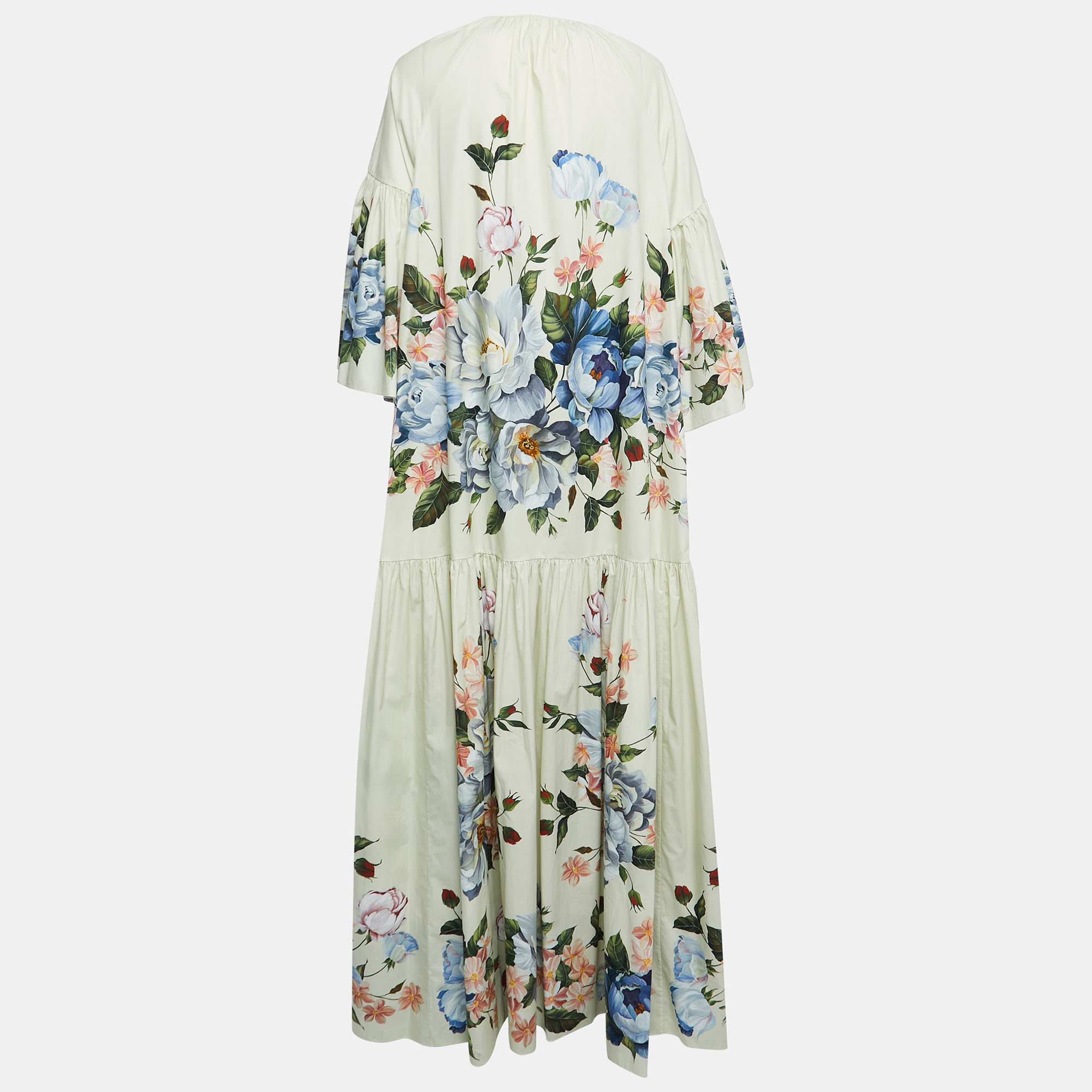 

Dolce & Gabbana Pastel Green Floral Print Cotton Gathered Maxi Dress