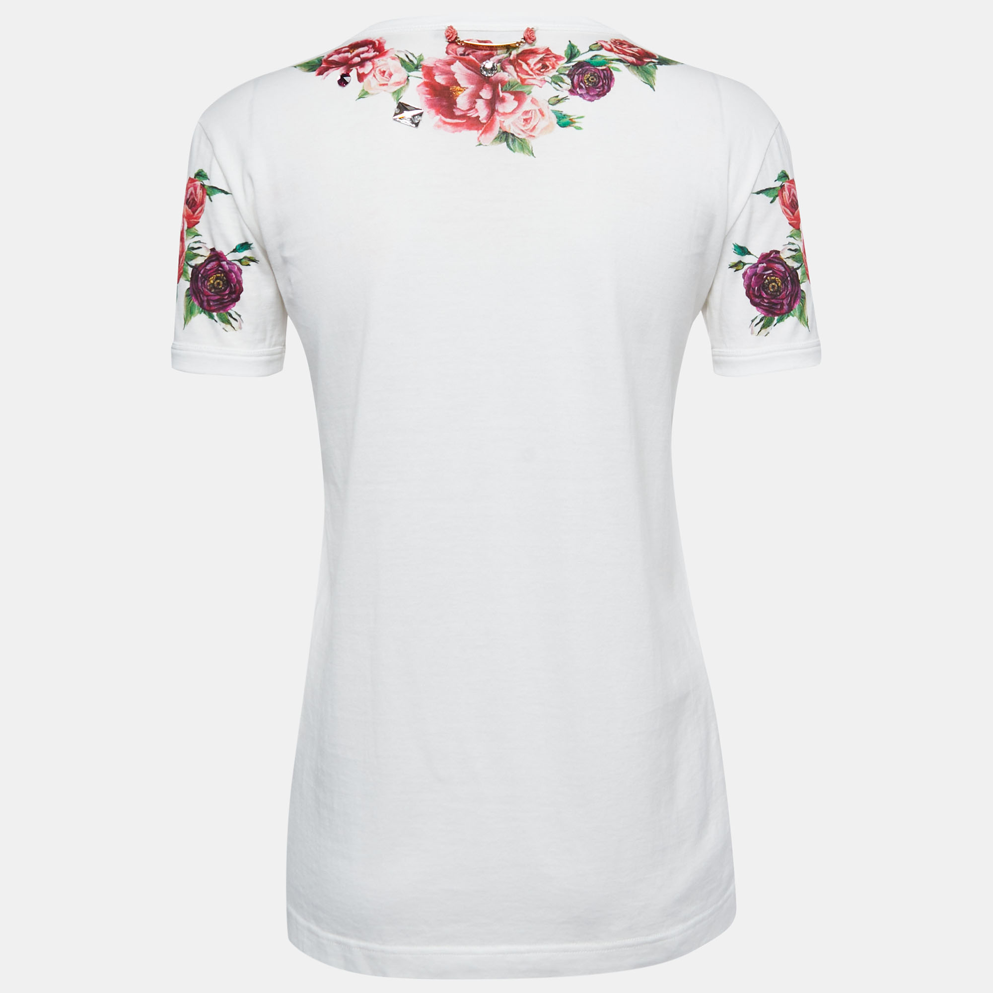 

Dolce & Gabbana White Floral Print Cotton Crystals Embellished Crew Neck Half Sleeve T-Shirt