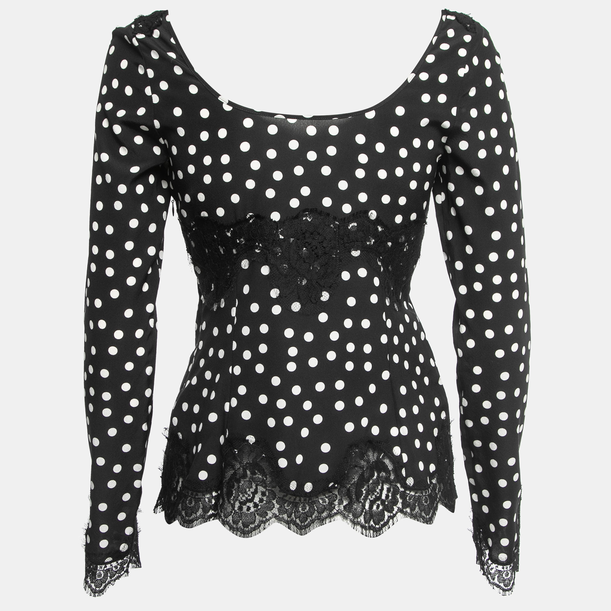 

Dolce & Gabbana Black Polka Dotted Silk Lace Trimmed Long Sleeve Blouse