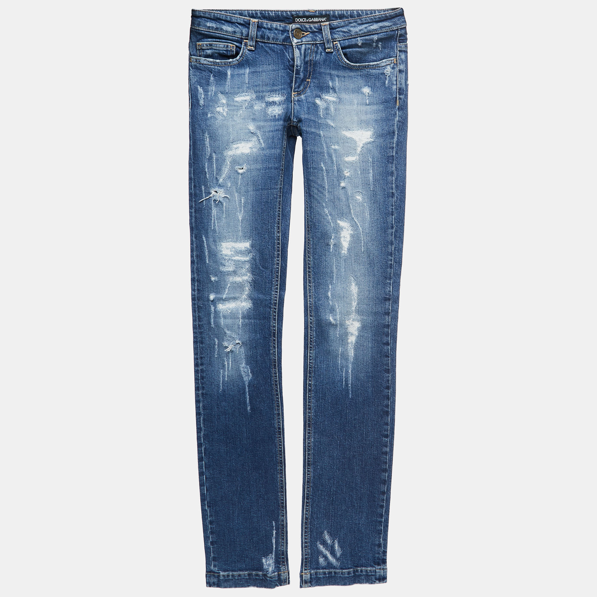 Pre Owned Dolce & Gabbana Blue Washed & Ripped Denim Jeans XS Waist 26"