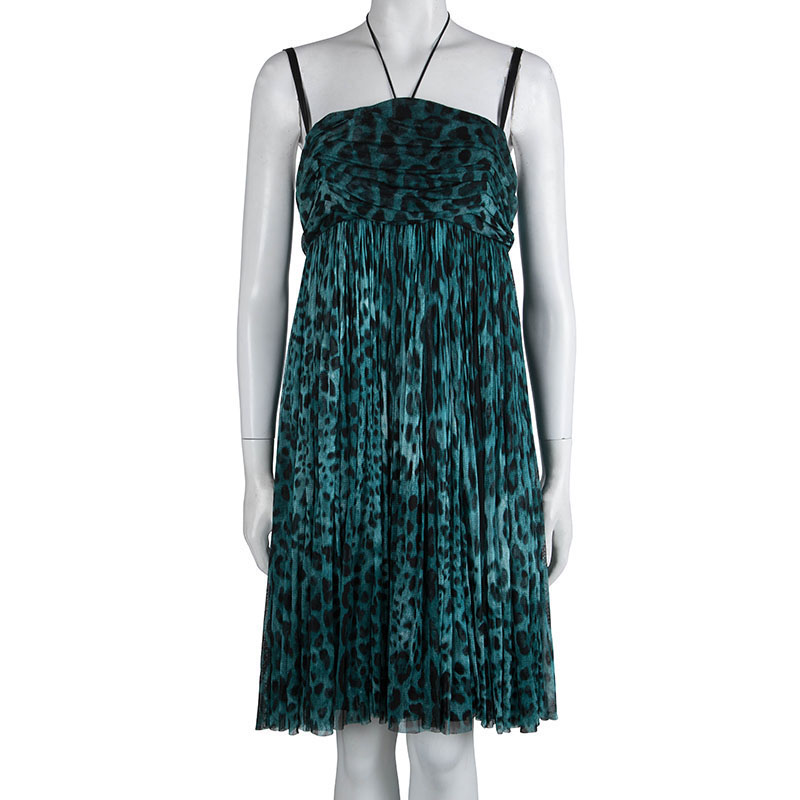 

Dolce and Gabbana Green Leopard Printed Gathered Silk Dress