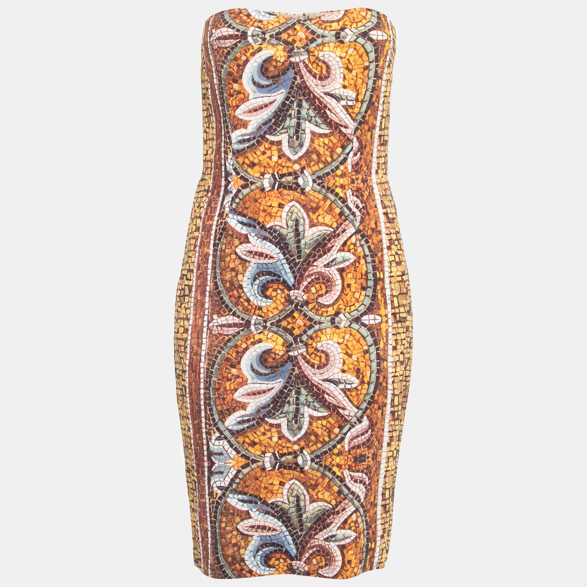 Pre Owned Dolce & Gabbana Gold/Multicolor Mosaic Printed Crepe Strapless Mini Dress M
