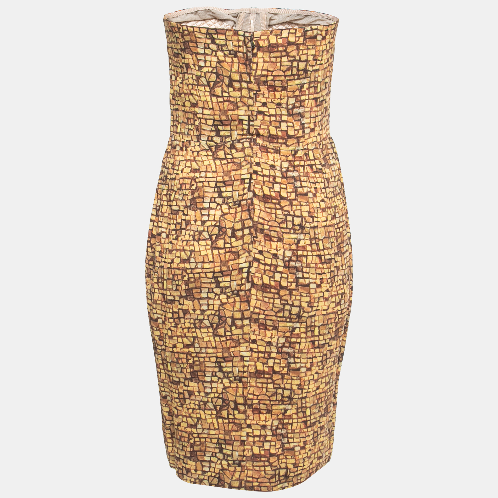 

Dolce & Gabbana Gold/Multicolor Mosaic Printed Crepe Strapless Mini Dress