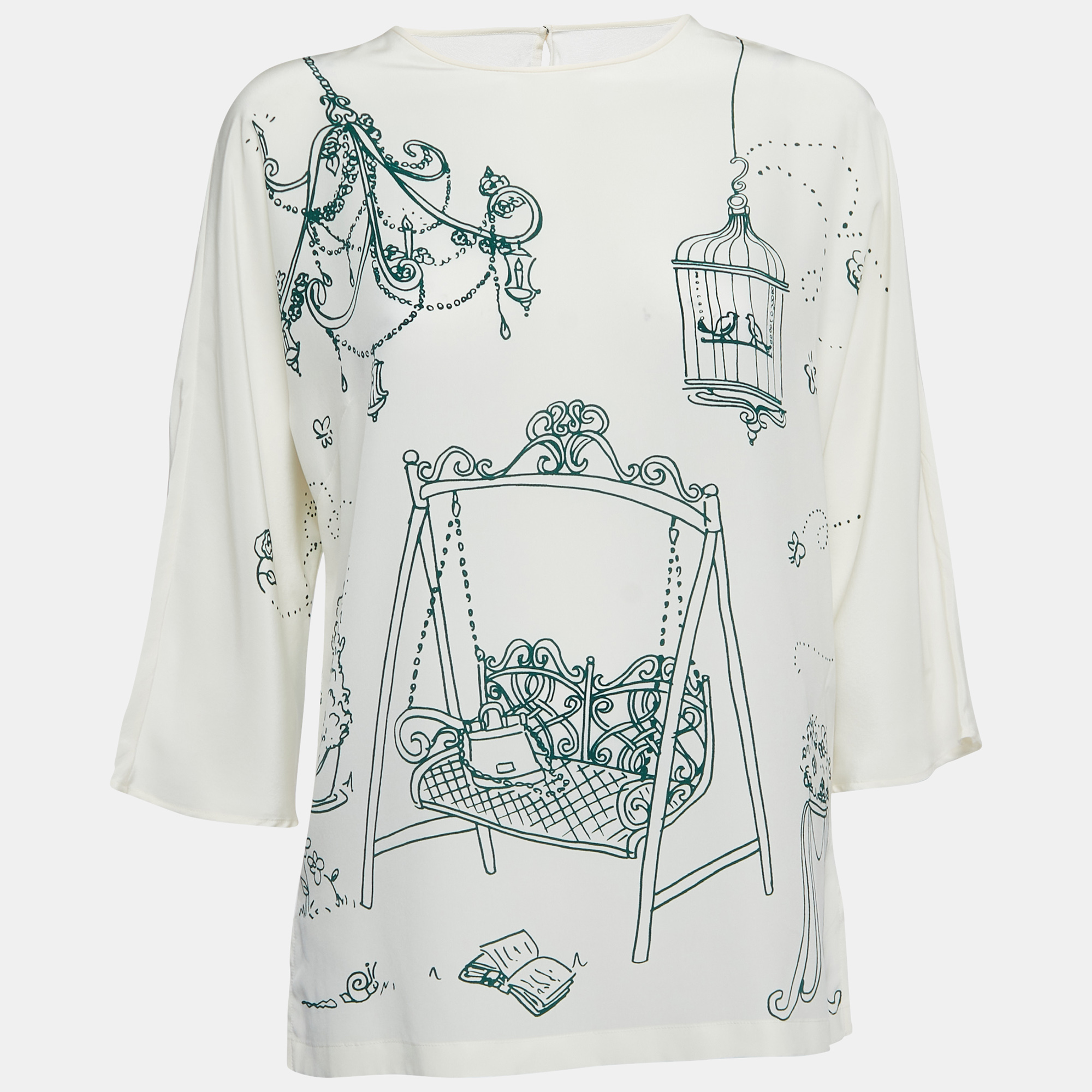 Pre-owned Dolce & Gabbana White Bird Cage Printed Silk Blouse S