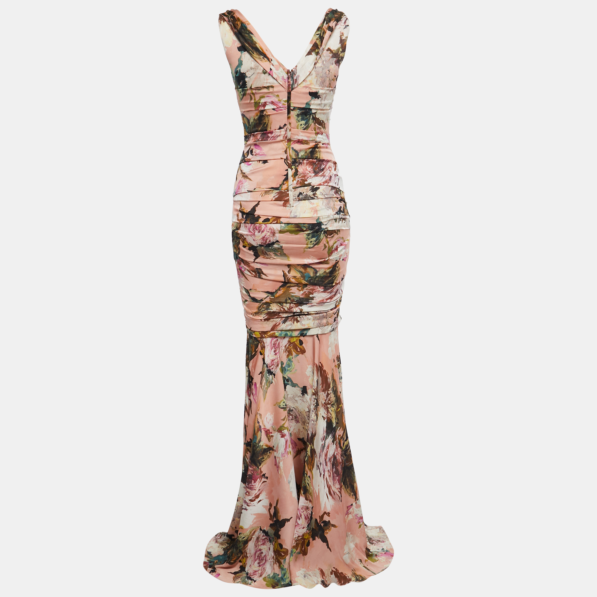 

Dolce & Gabbana Pink Floral Printed Silk Ruched Maxi Dress