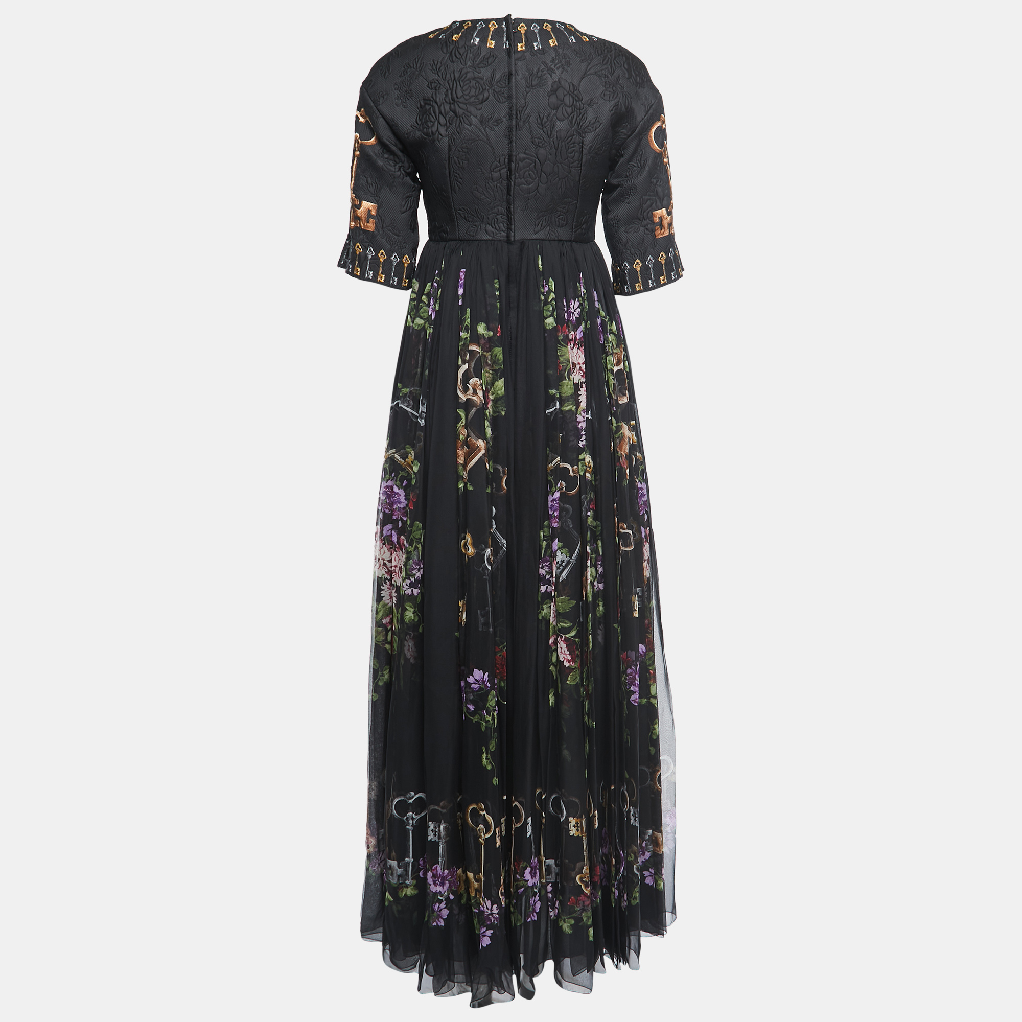 

Dolce & Gabbana Black Floral & Key Printed Silk Maxi Dress