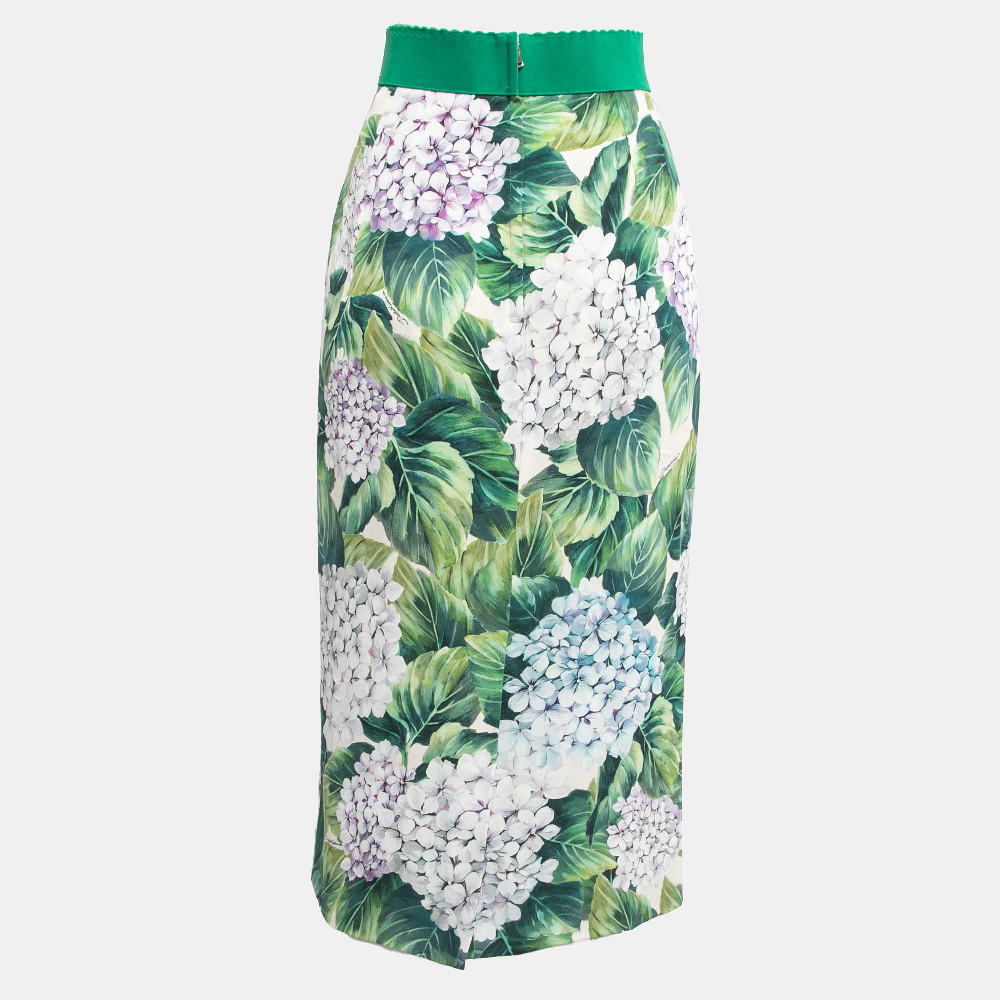 

Dolce & Gabbana Green Hydrangea Printed Silk Pencil Skirt