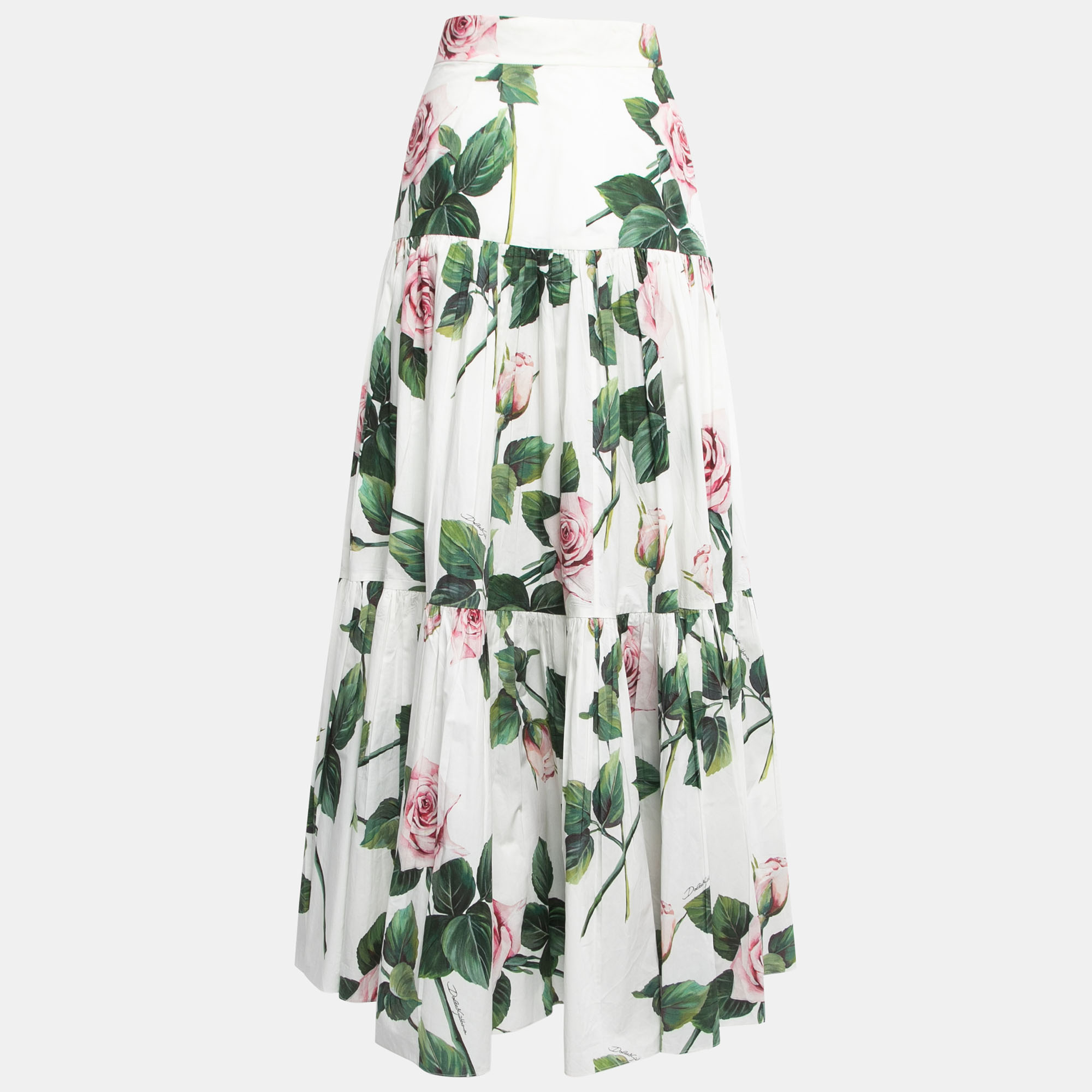 

Dolce & Gabbana White Floral Print Cotton Maxi Skirt