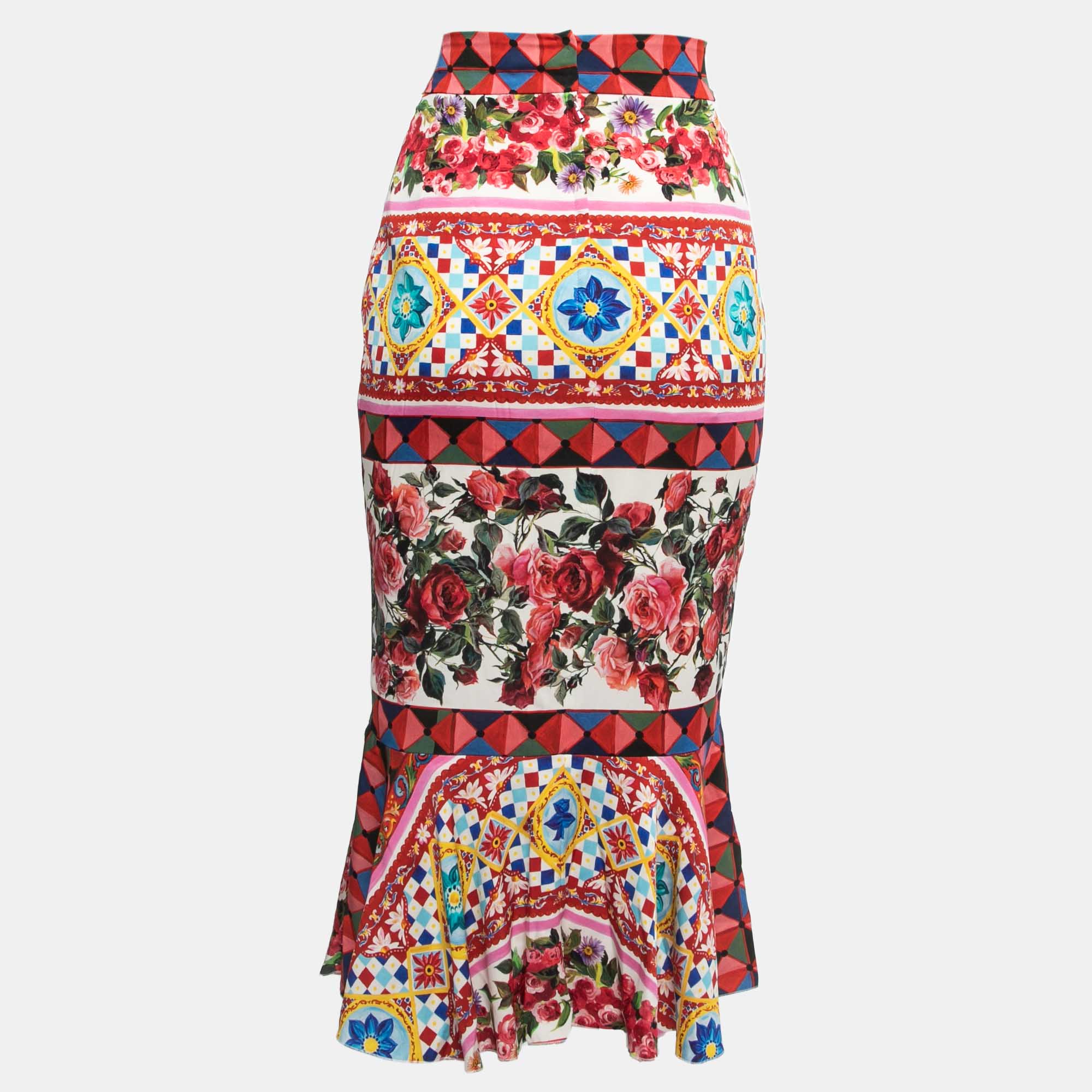 

Dolce & Gabbana Multicolor Mambo Print Silk Flounce Midi Skirt