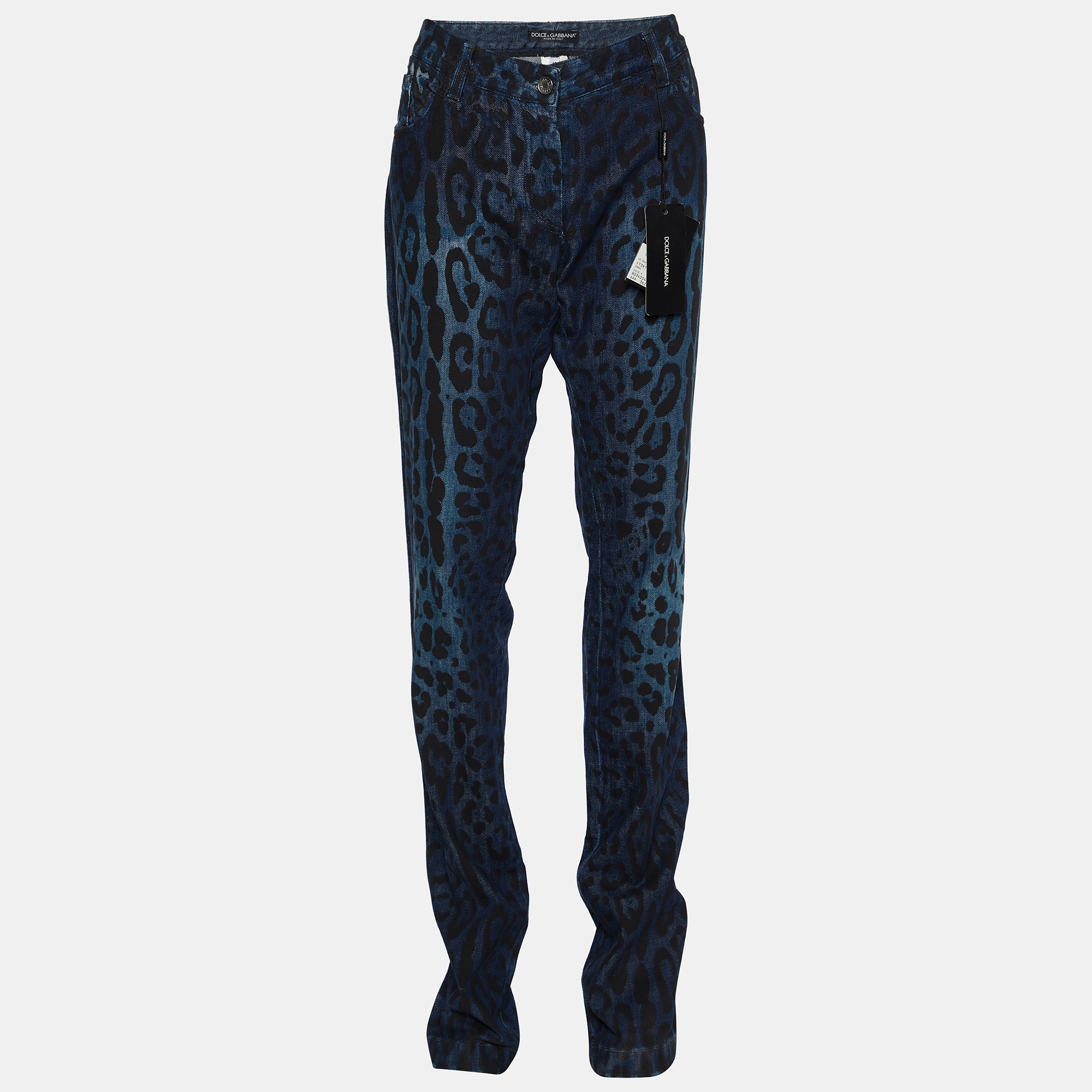 Pre-owned Dolce & Gabbana Navy Blue Animal Printed Denim Straight Leg Jeans L