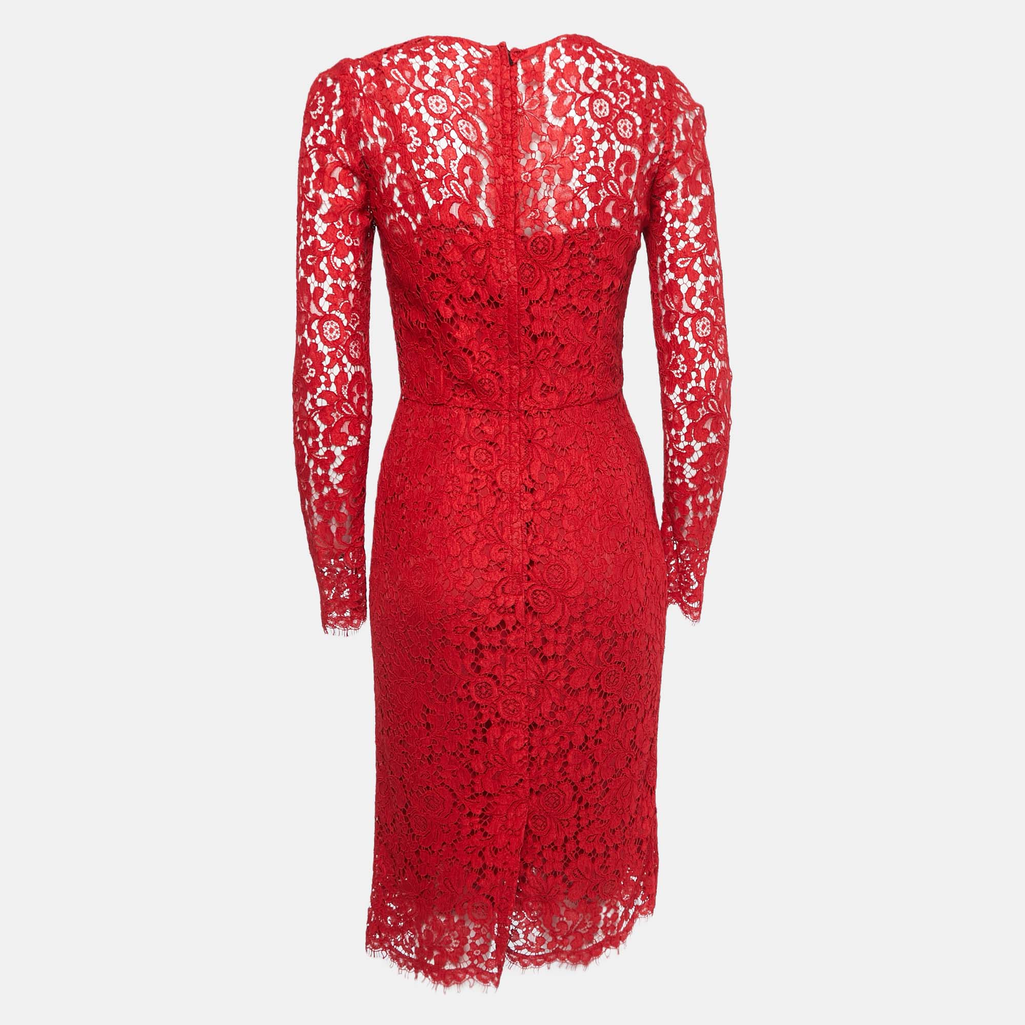 

Dolce & Gabbana Red Lace Long Sleeve Midi Dress