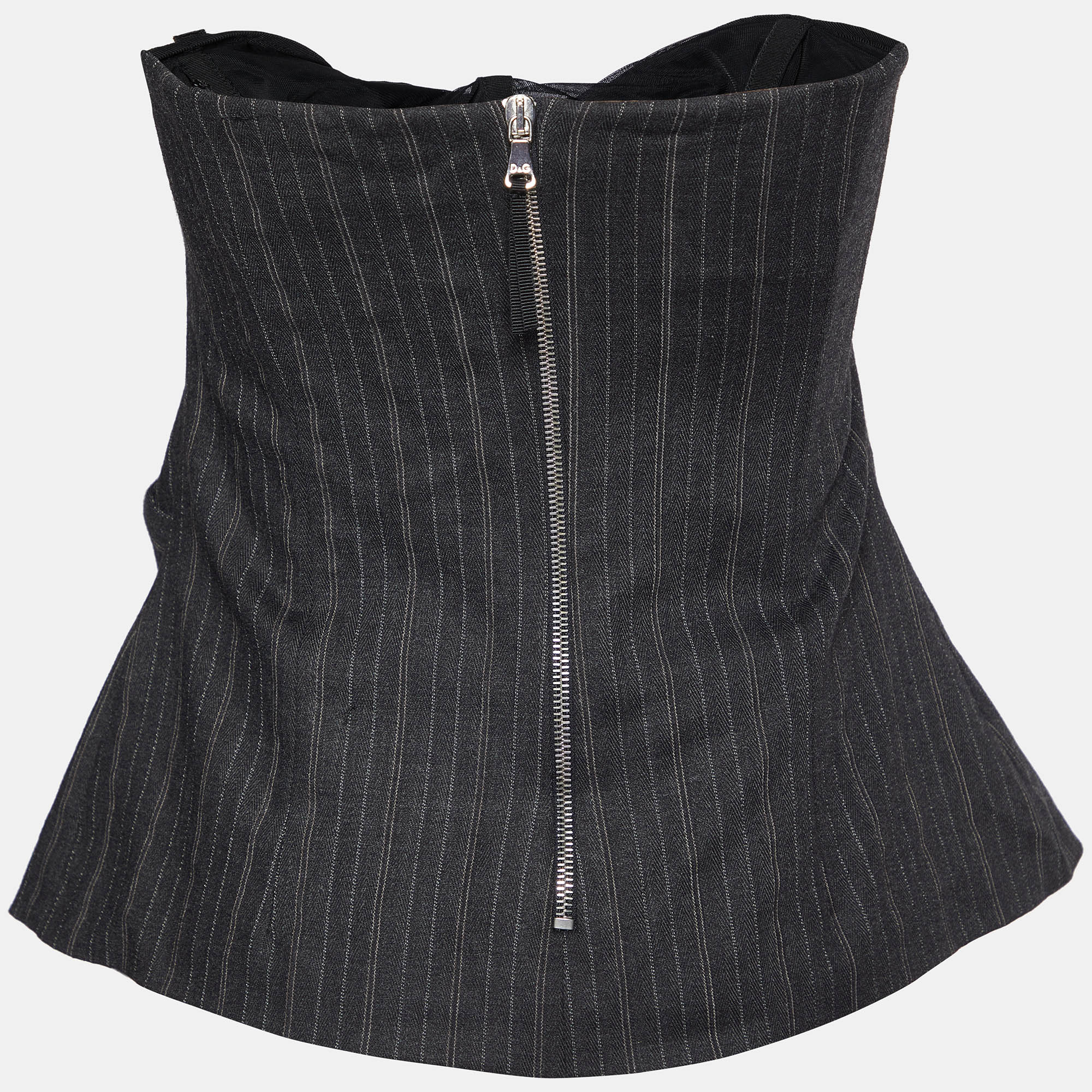 

Dolce & Gabbana Black Pinstripe Wool Draped Strapless Corset Top