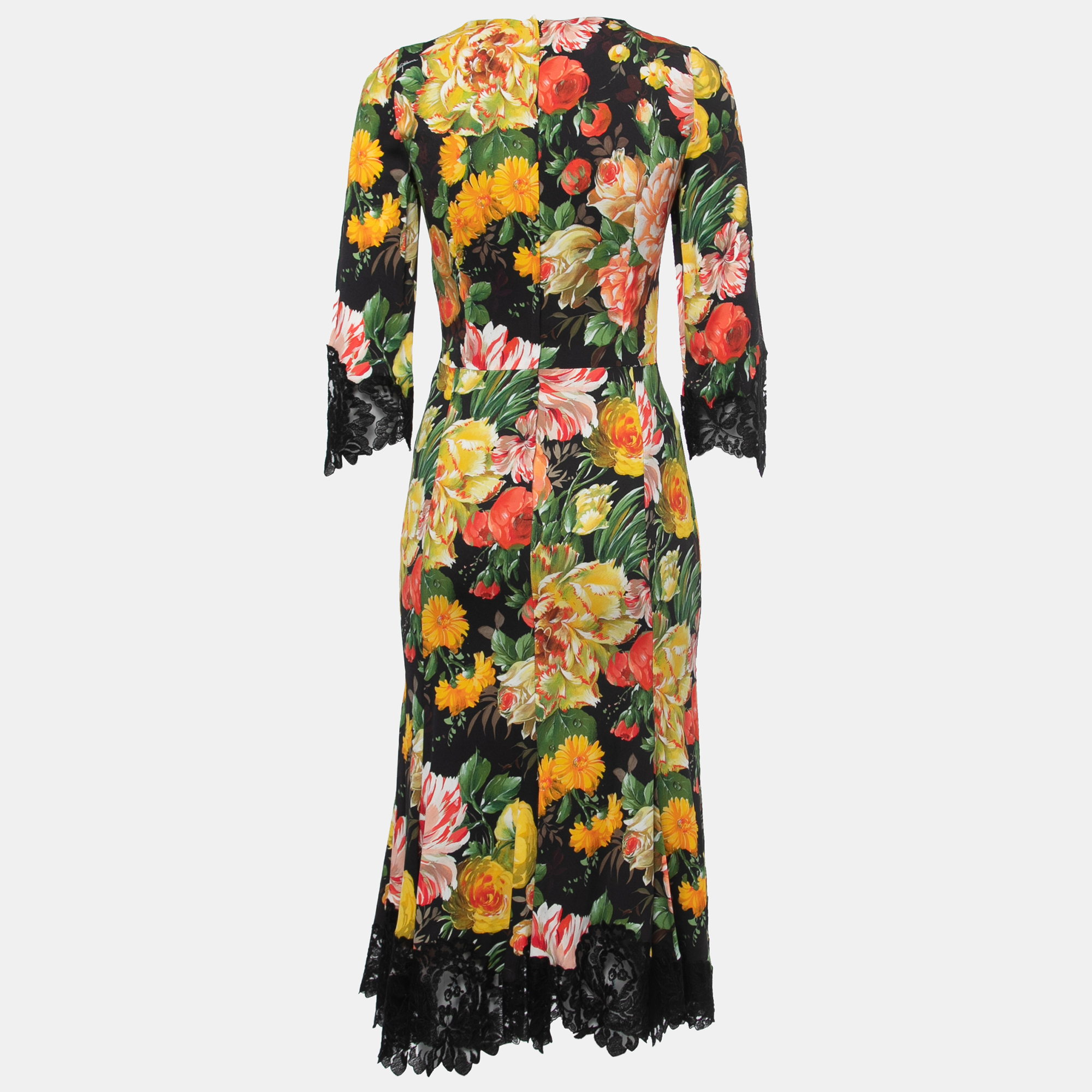 

Dolce & Gabbana Black Floral Printed Crepe Lace Trimmed Midi Dress