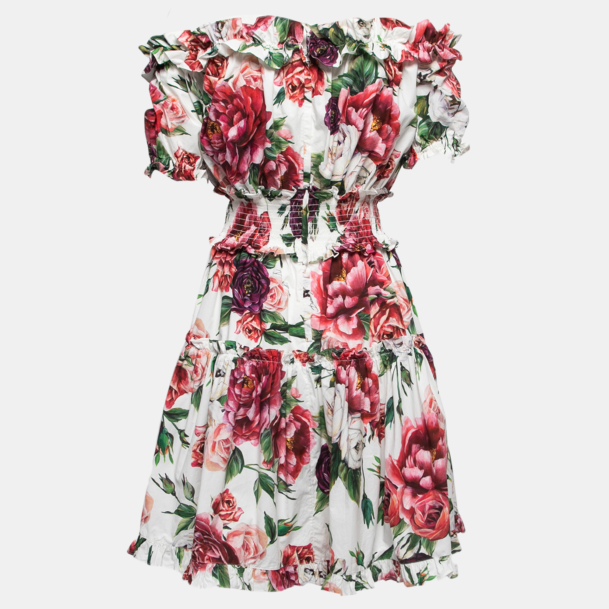 

Dolce & Gabbana White Floral Printed Cotton Off Shoulder Mini Dress