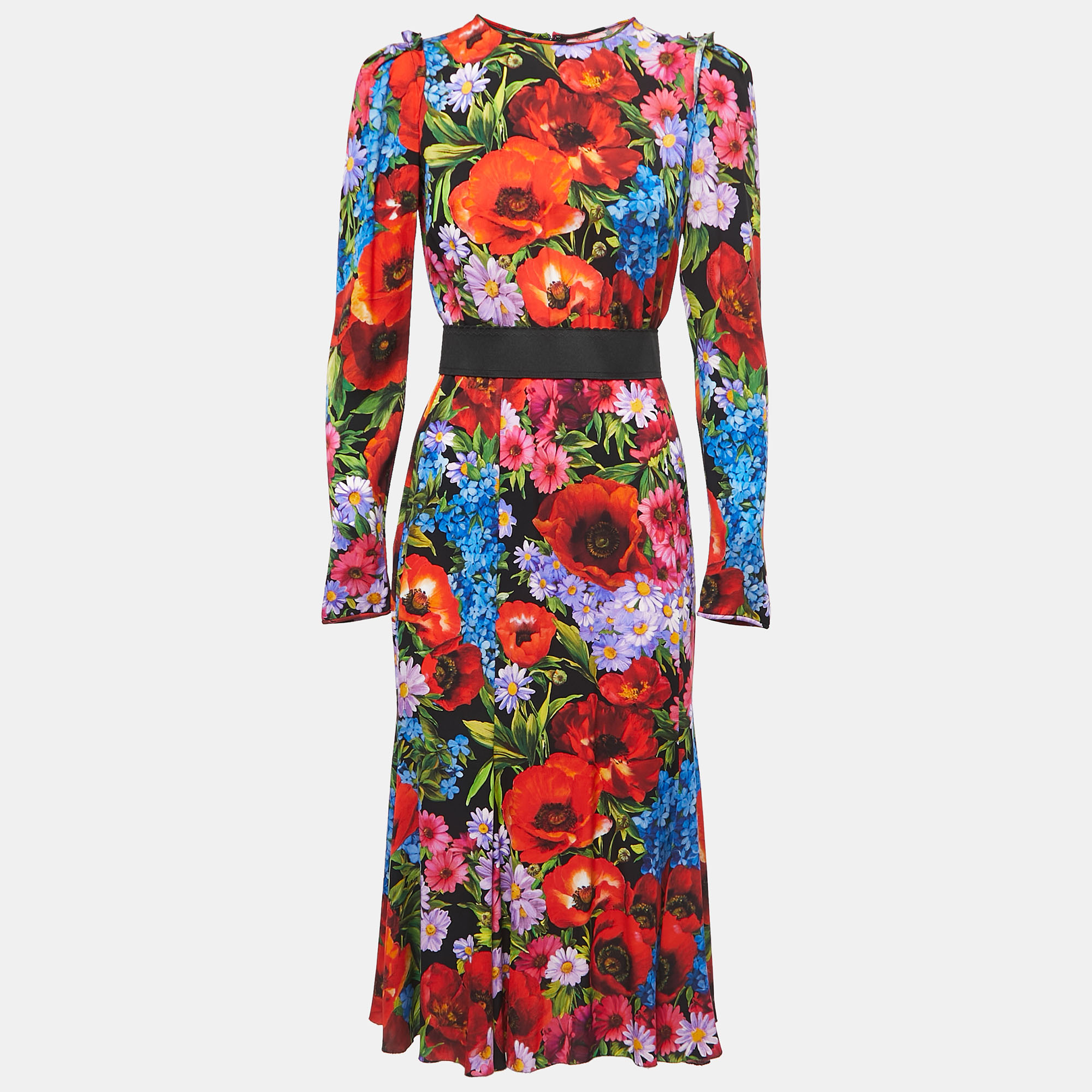 Pre-owned Dolce & Gabbana Black/multicolor Floral Printed Stretch Silk Midi Dress M