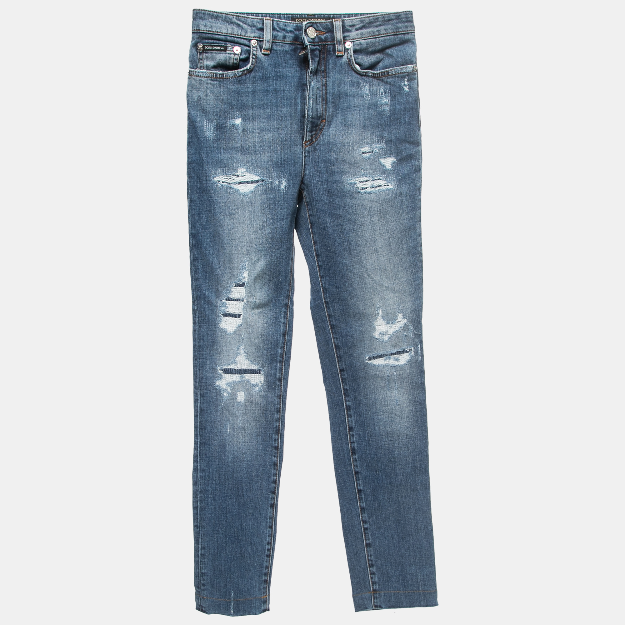 Pre-owned Dolce & Gabbana Blue Distressed Denim Audrey Skinny Jeans Xs Waist 24"
