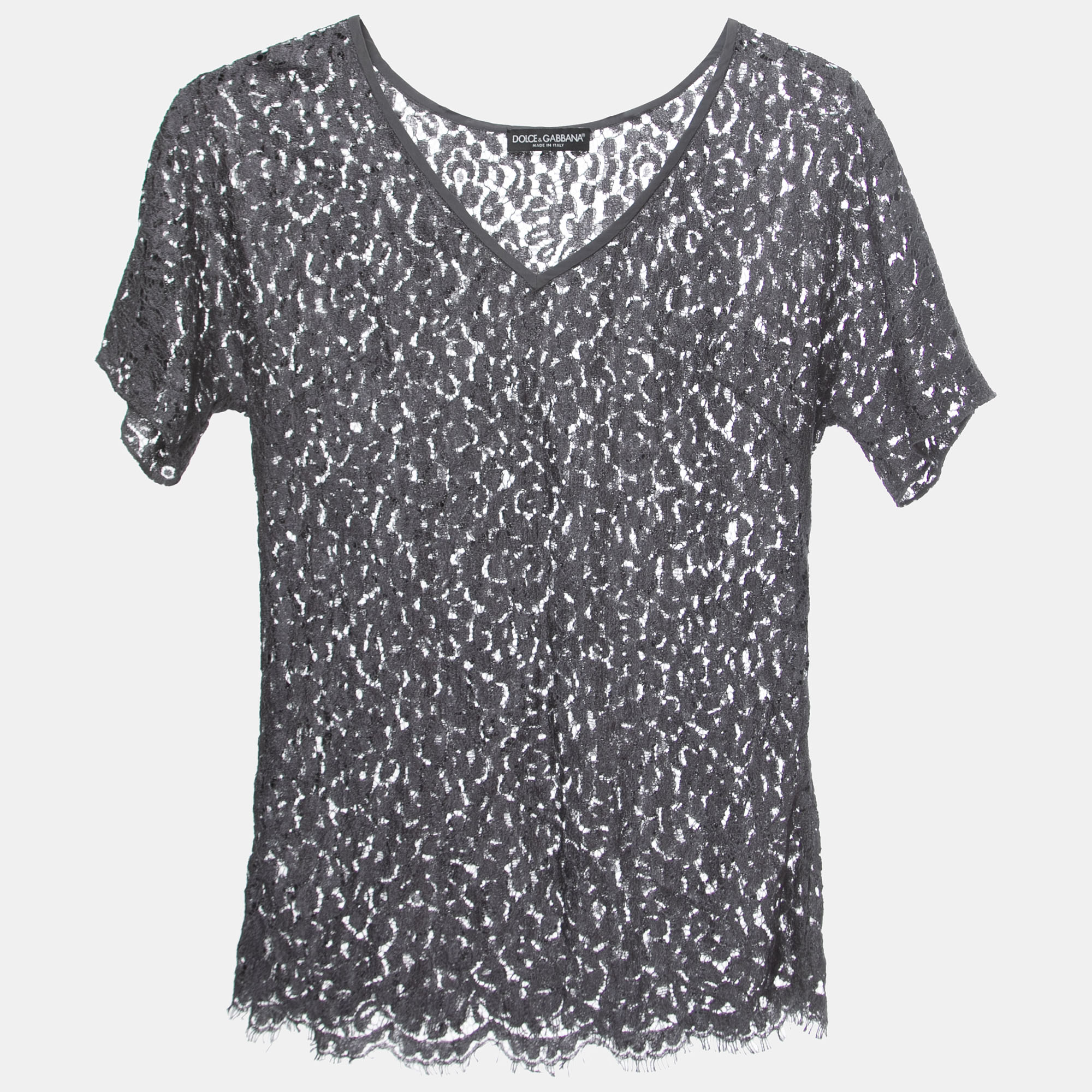 Pre-owned Dolce & Gabbana Grey Lace V-neck Top S