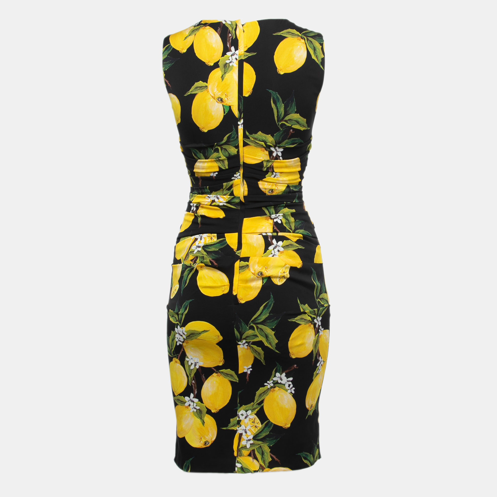 

Dolce & Gabbana Black Lemon Print Silk Ruched Sleeveless Short Dress