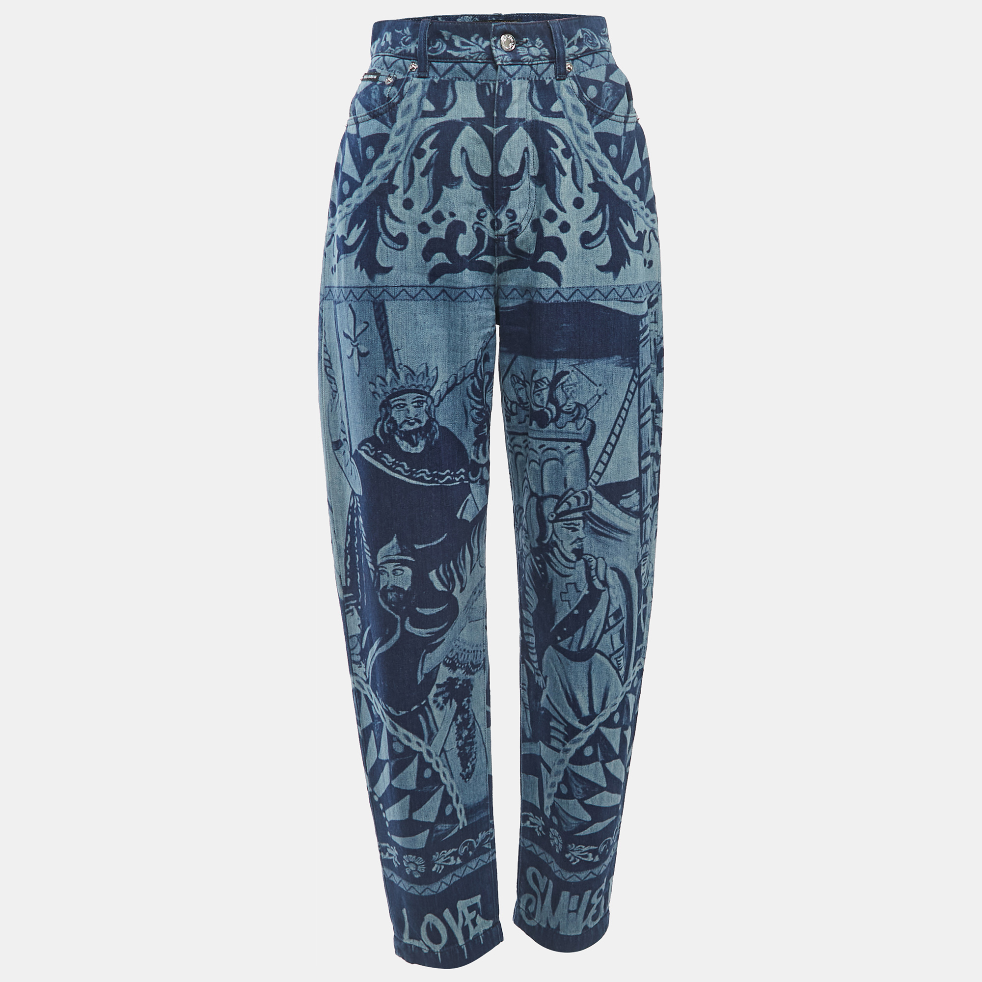 

Dolce & Gabbana Blue Medieval Print Denim High Waist Boyfriend Jeans  Waist 26