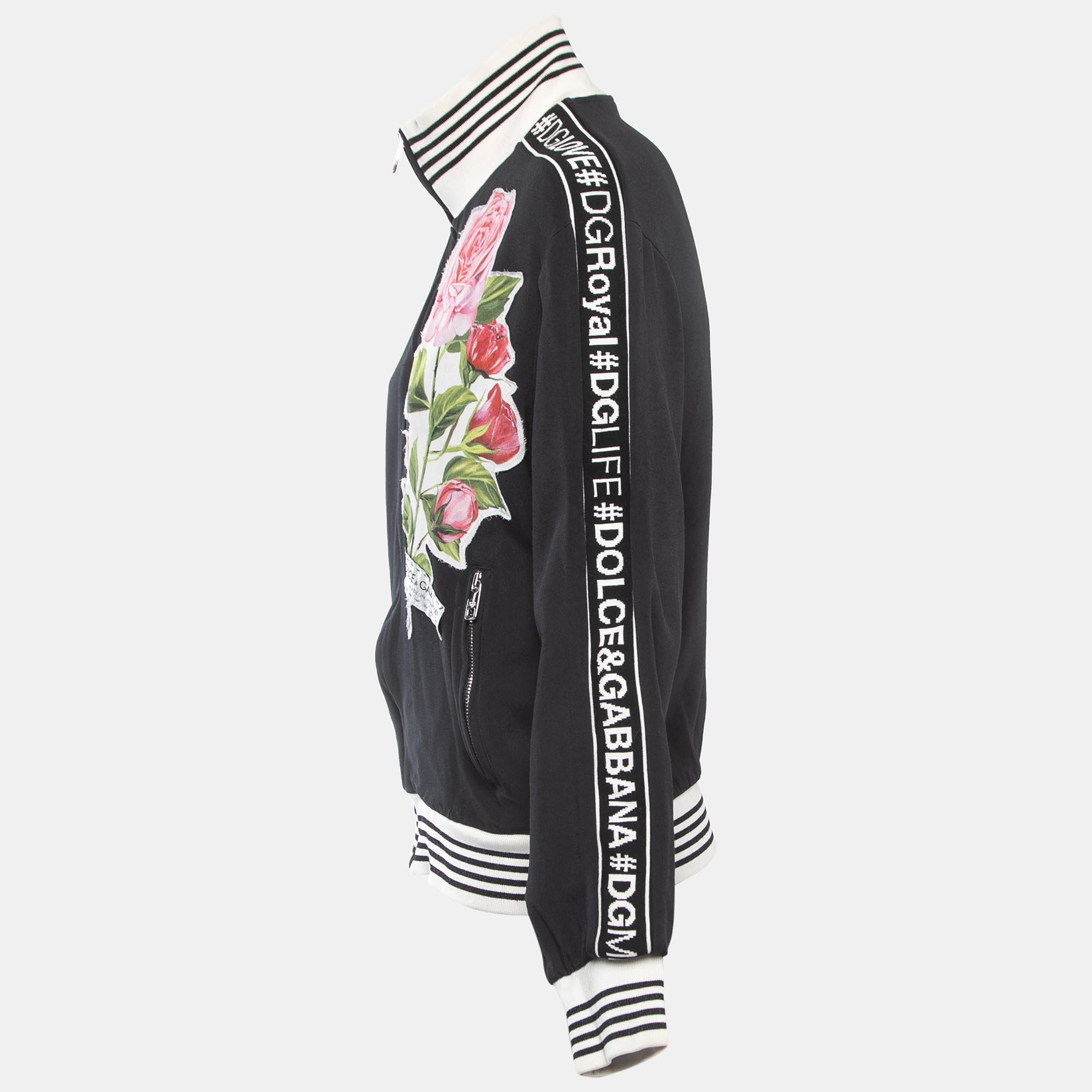 

Dolce & Gabbana Black Knit Floral Patch Logo Detailed Zip Front Jacket