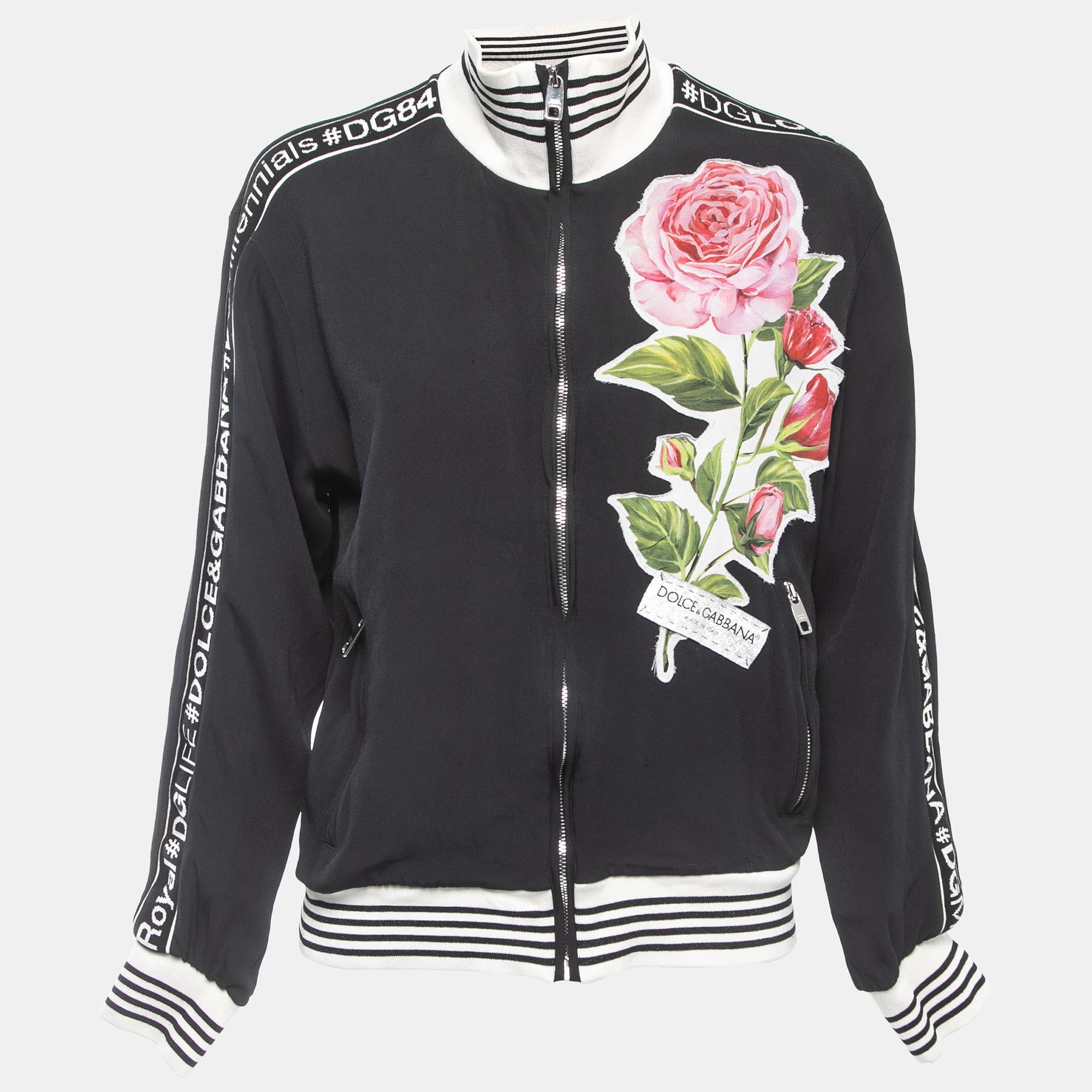 Pre-owned Dolce & Gabbana Black Knit Floral Patch Logo Detailed Zip Front Jacket S