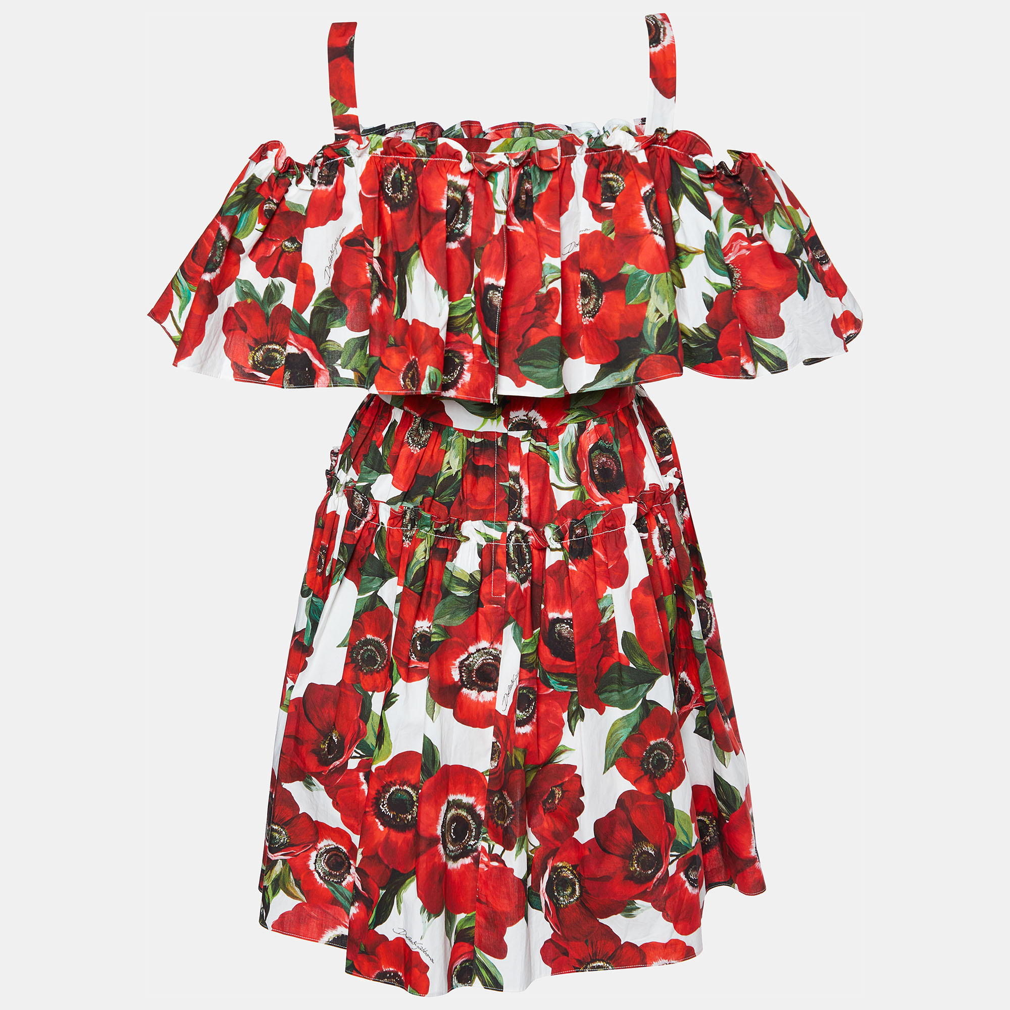 

Dolce & Gabbana Red Floral Printed Cotton Cold Shoulder Mini Dress