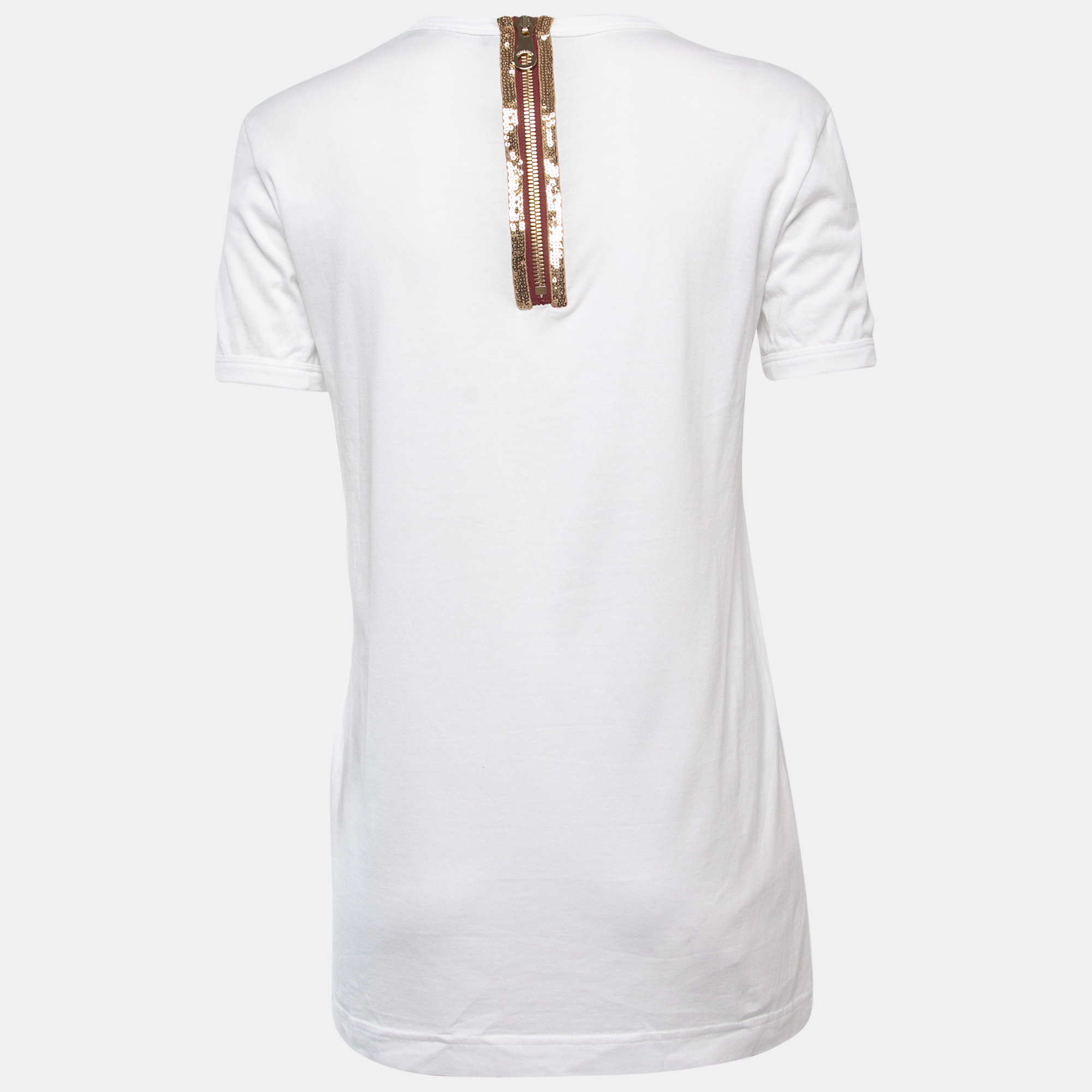 

Dolce & Gabbana White Print Cotton Embellished Zip Detail Short Sleeve T-Shirt