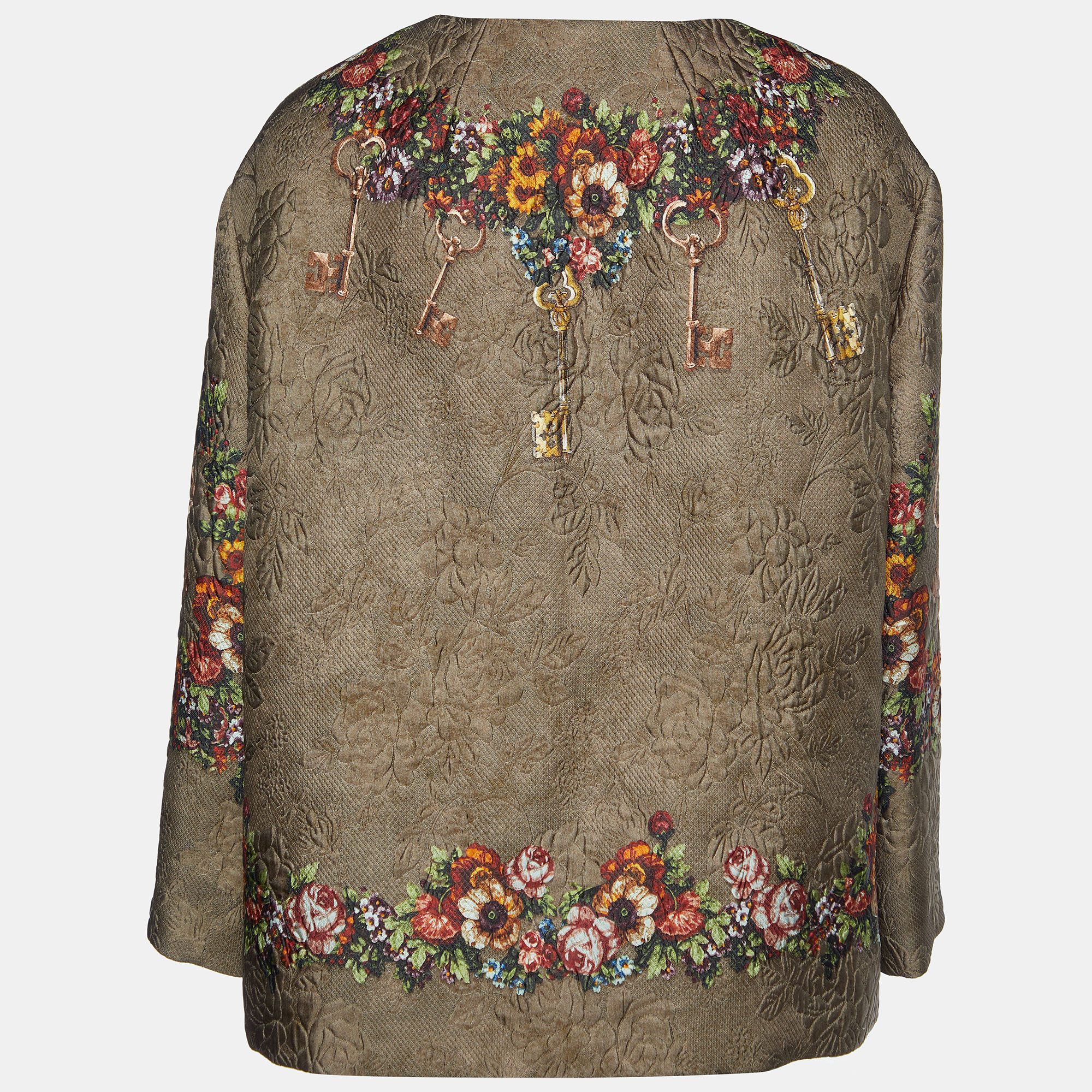 

Dolce & Gabbana Olive Green Rose & Key Printed Jacquard Button Front Jacket