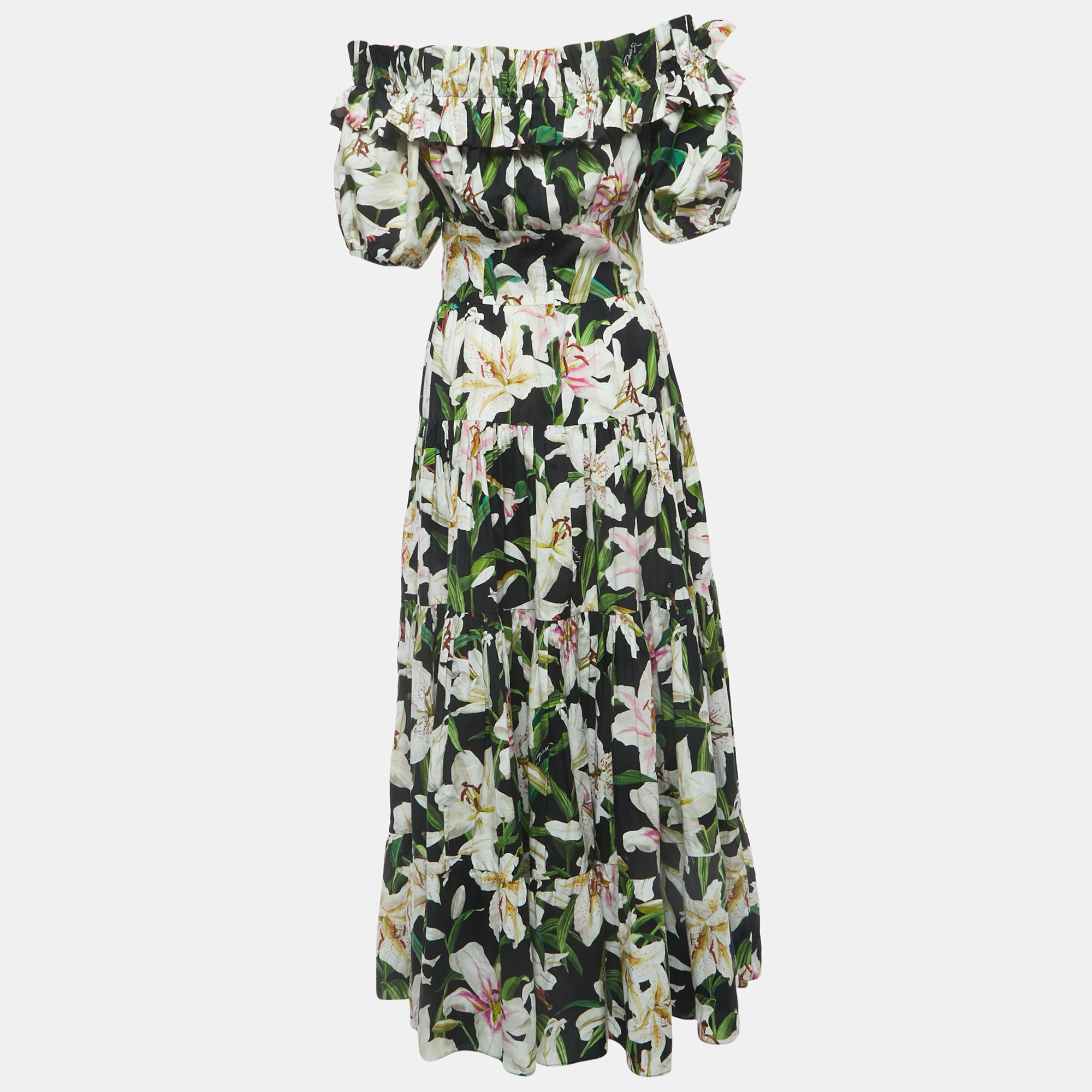 

Dolce & Gabbana Black Floral Cotton Off Shoulder Maxi Dress