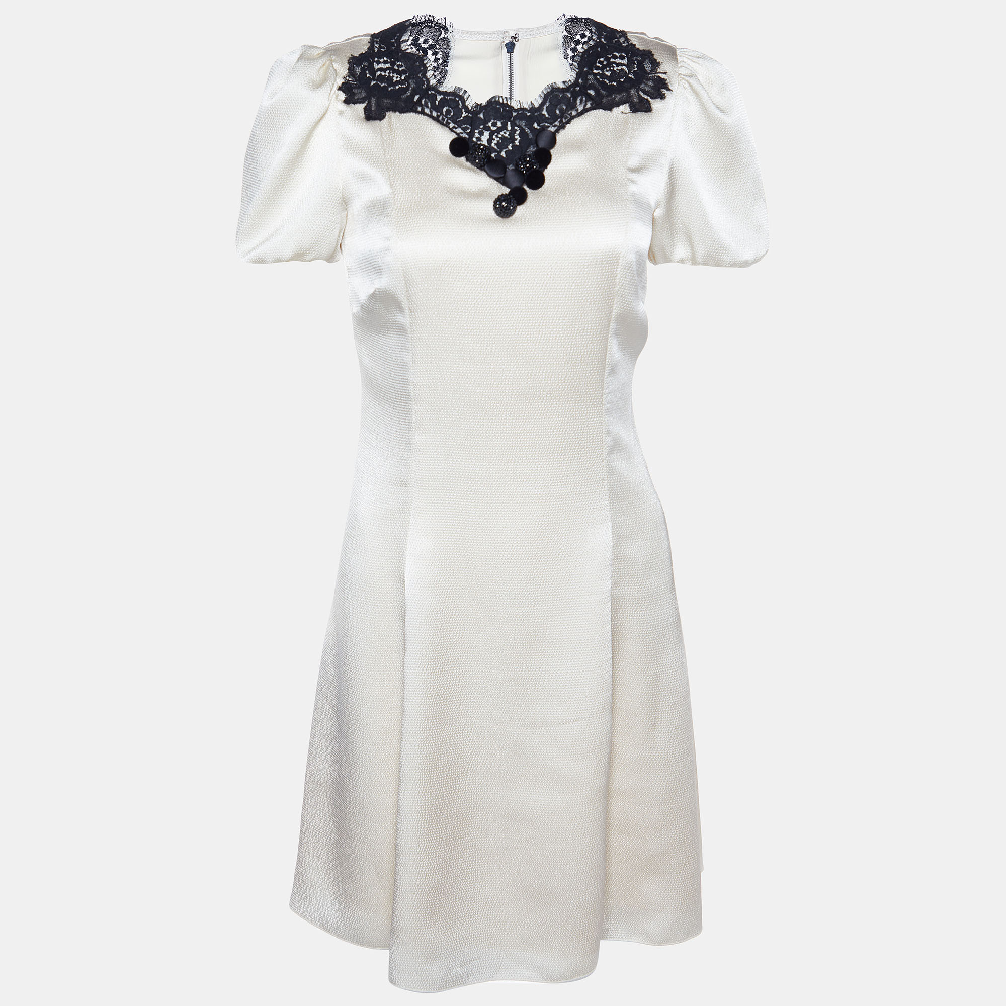 Pre-owned Dolce & Gabbana Cream Textured Satin Contrast Detail Min Dress S