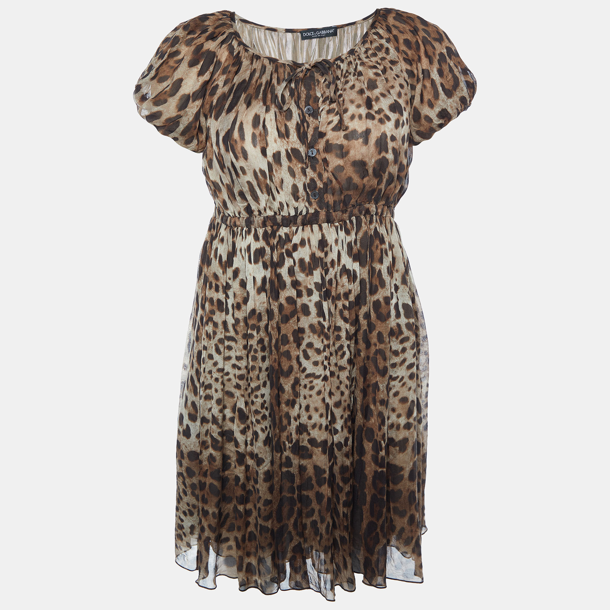 Pre-owned Dolce & Gabbana Brown Animal Printed Silk Pleated Dress S