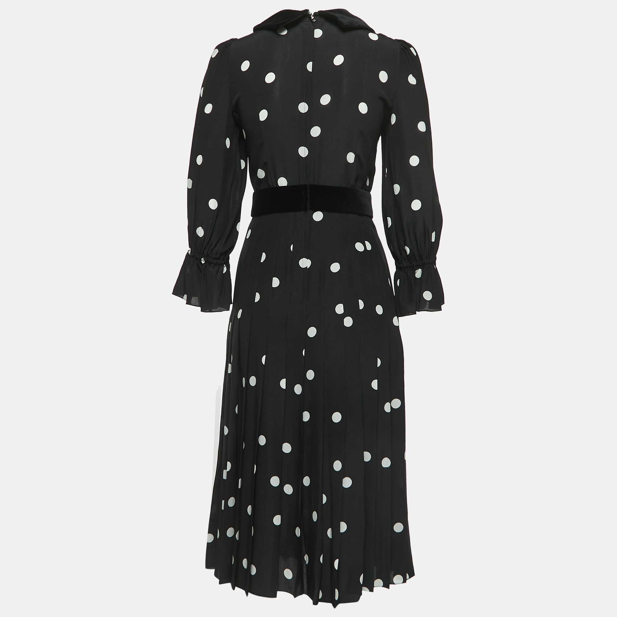 

Dolce & Gabbana Black Polka Dotted Silk Blend Velvet Trim Pleated Midi Dress