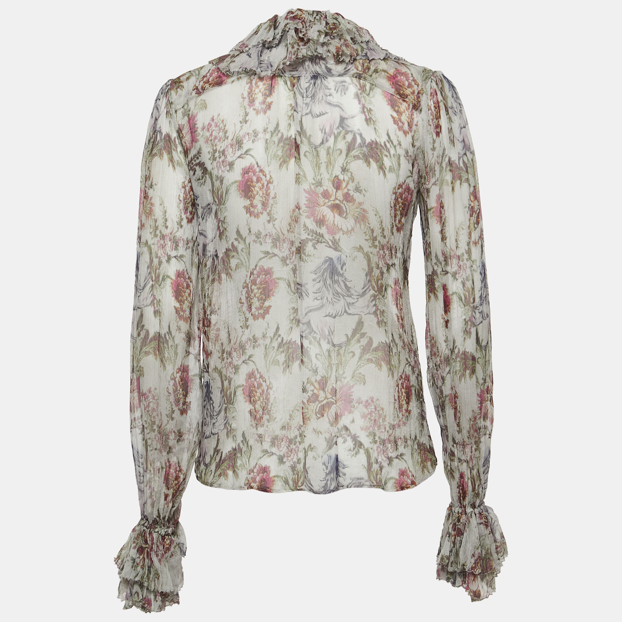 

Dolce & Gabbana Grey/Multicolor Floral Print Sheer Silk Ruffled Blouse