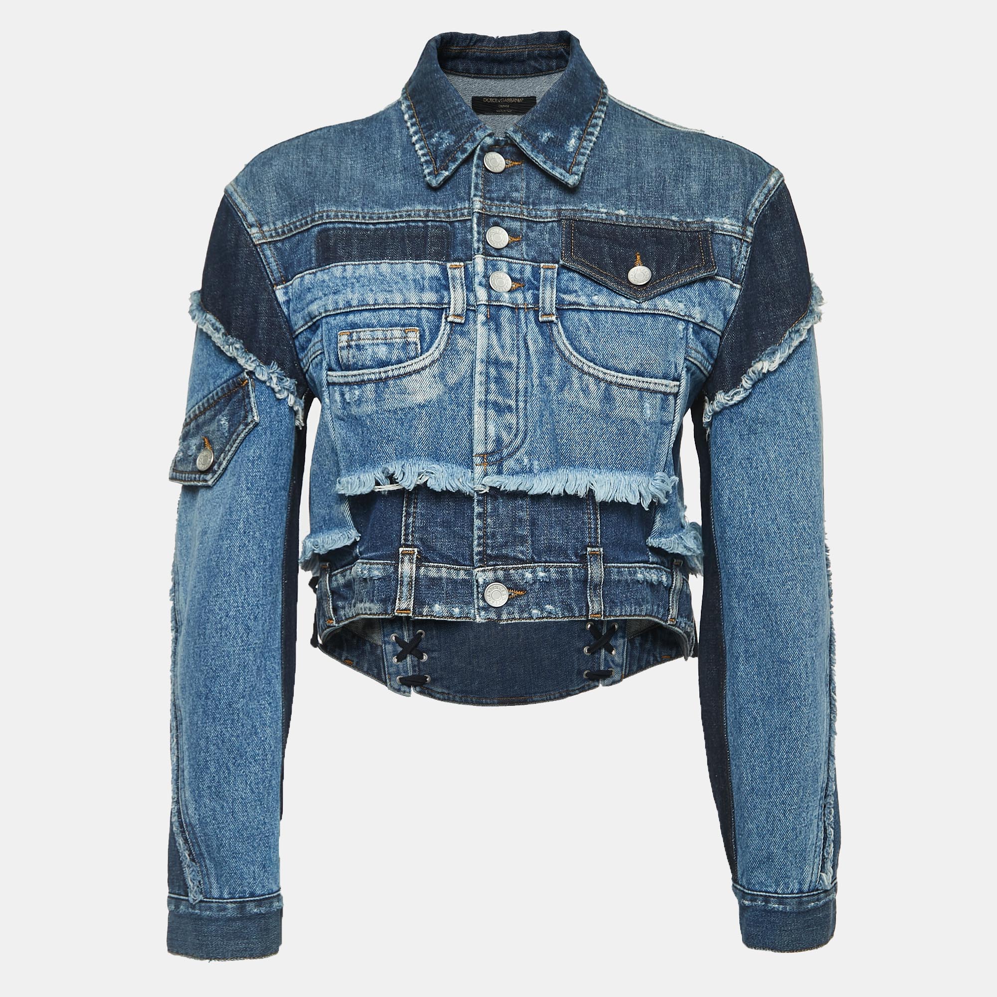 Pre-owned Dolce & Gabbana Blue Patched Denim Cropped Jacket Xs