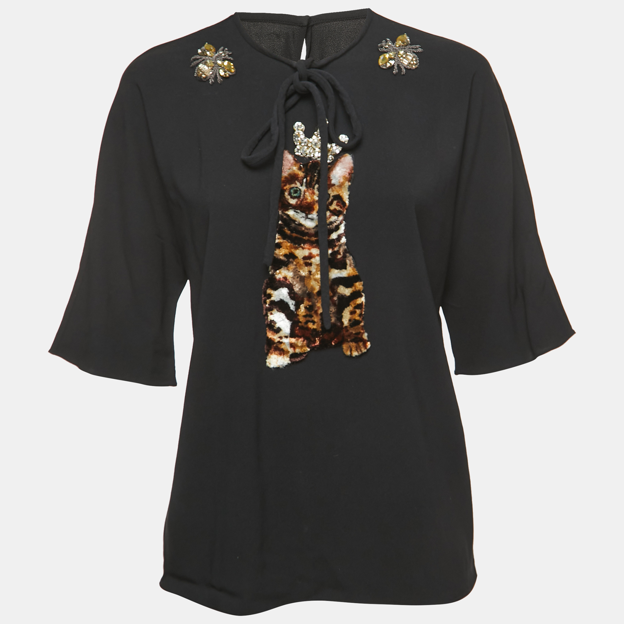 Pre-owned Dolce & Gabbana Black Crepe Embellished Cat Patch Detailed Blouse M