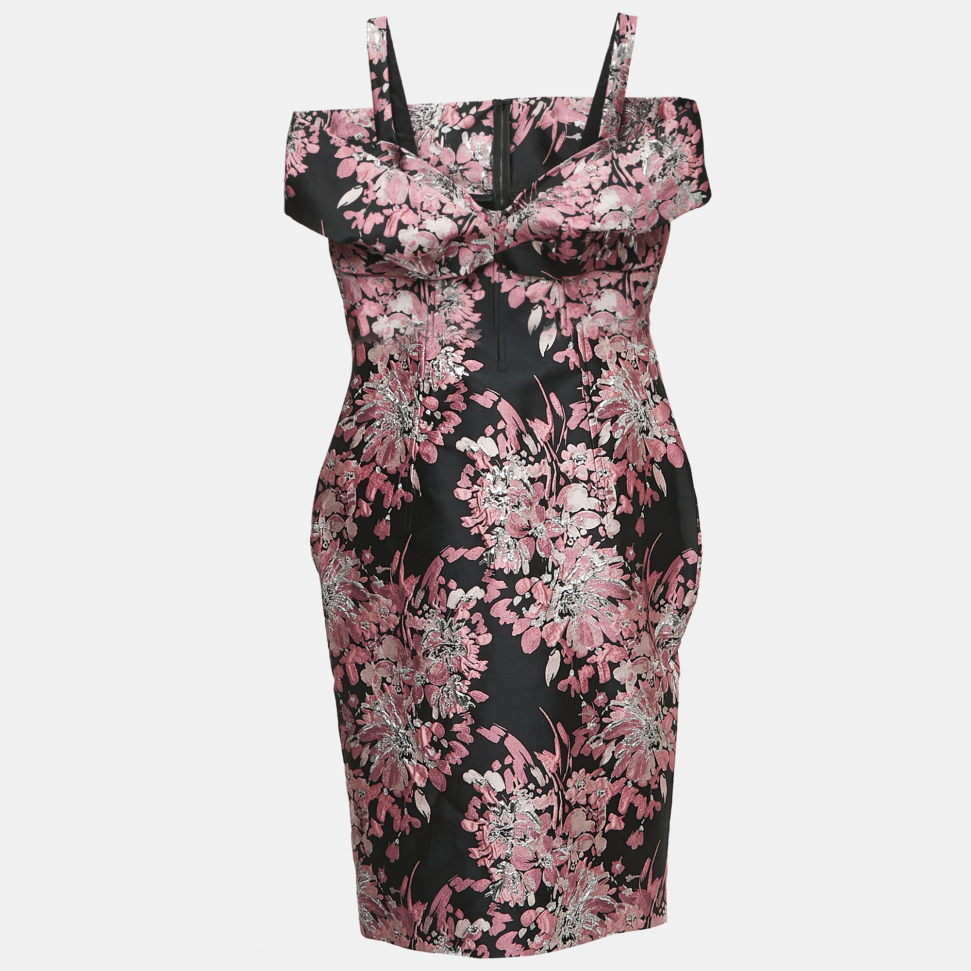 

Dolce & Gabbana Black/Pink Lurex Jacquard Off Shoulder Corseted Midi Dress