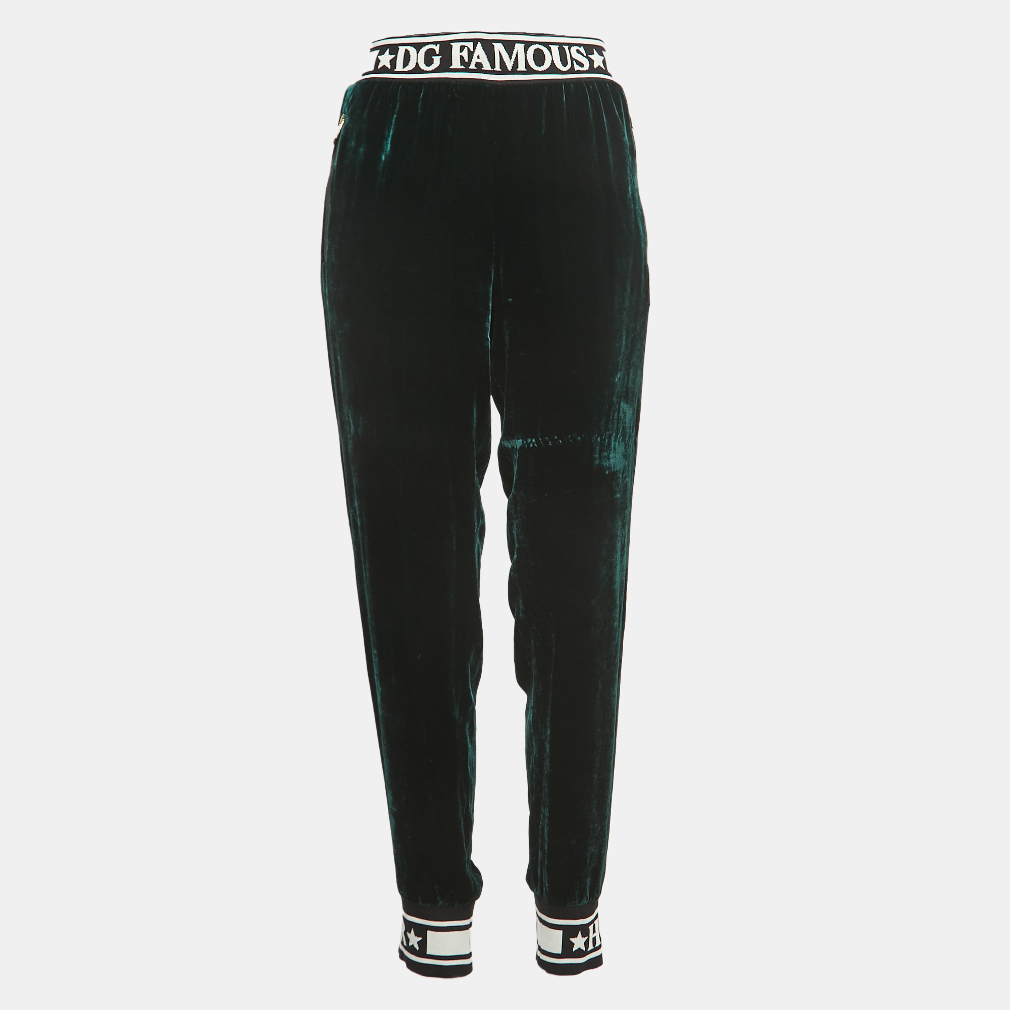 Pre-owned Dolce & Gabbana Dark Green Velvet Logo Trimmed Joggers M
