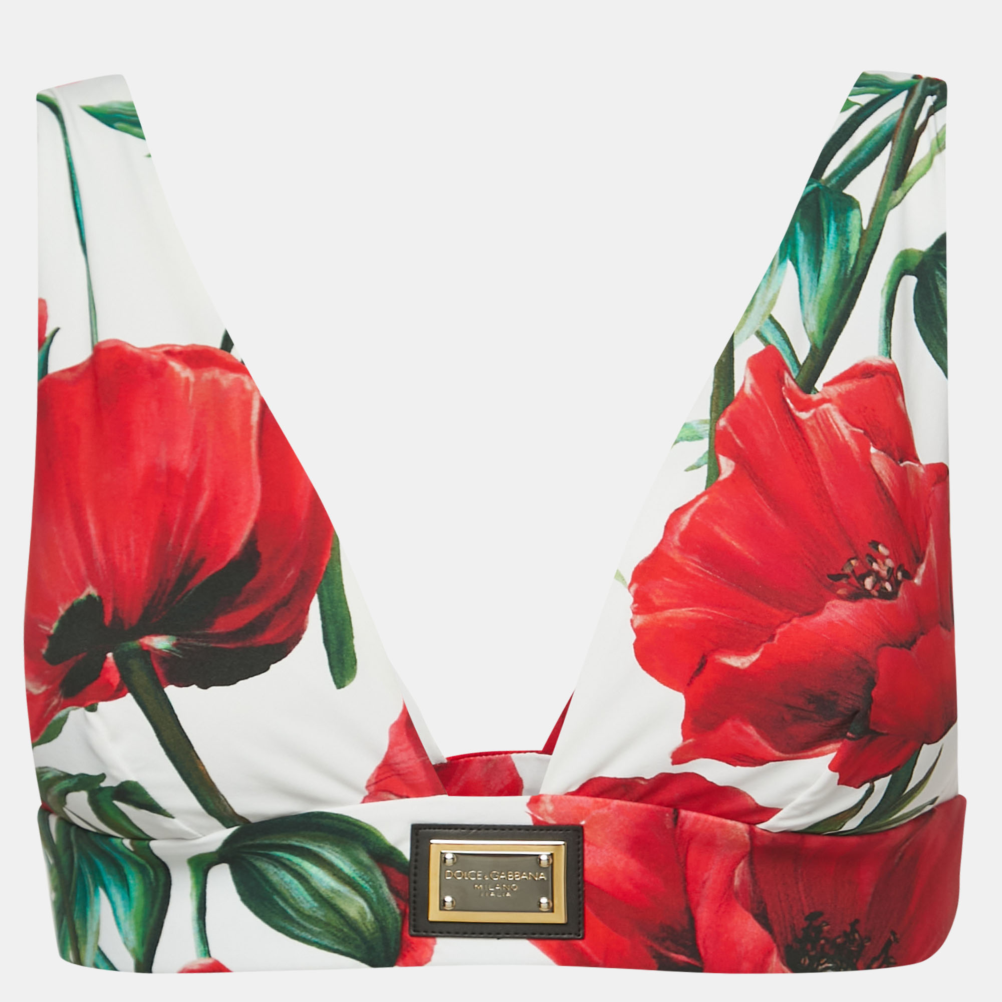 

Dolce & Gabbana Multicolor Poppies Print Stretch Jersey Plunge Neck Crop Top