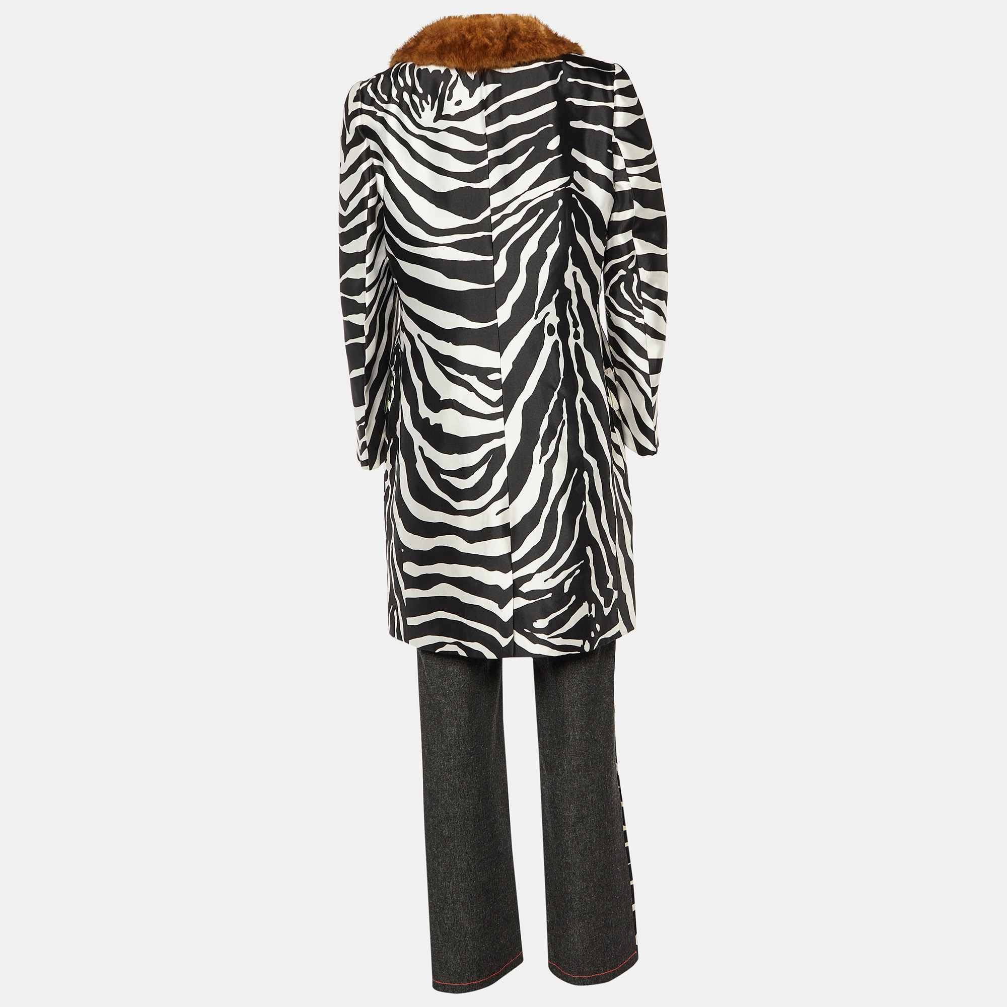 

Dolce & Gabbana Black & White Zebra Printed Silk Satin Coat & Pants /S
