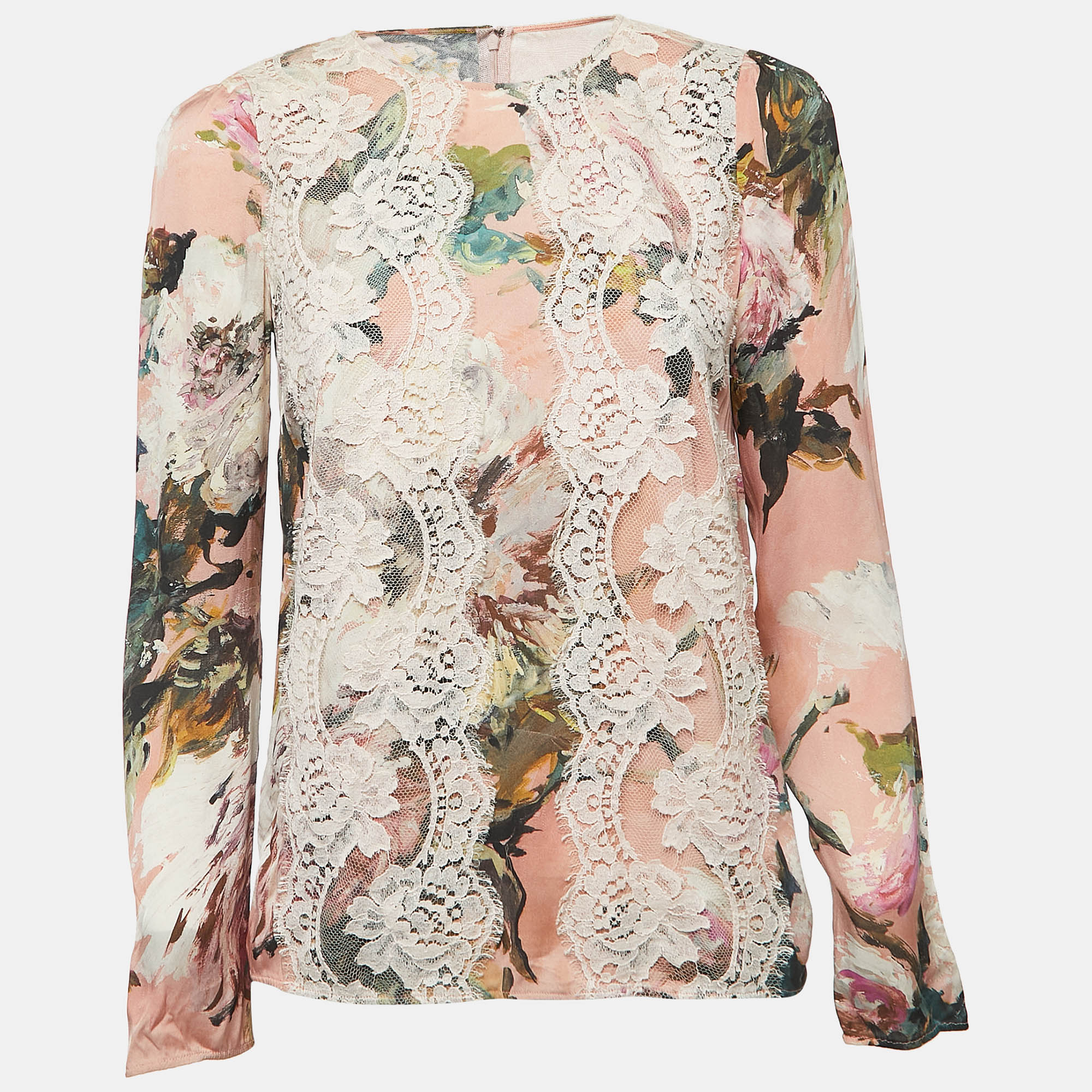 Pre Owned Dolce & Gabbana Pink Floral Print Silk Blend Long Sleeve Blouse S